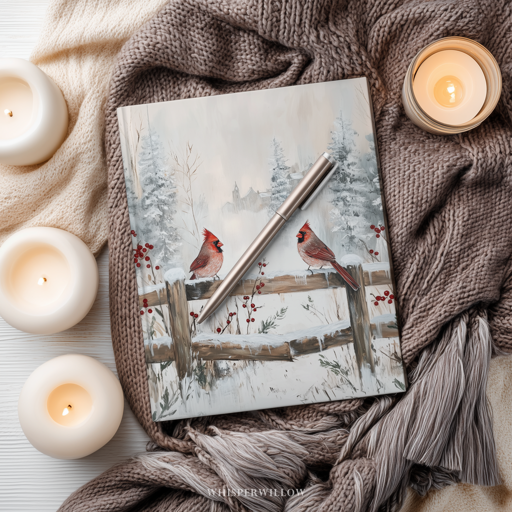Red cardinals on winter fence hardcover matte journal by WhisperWillow Studios home decor gift