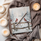 Red cardinals on winter fence hardcover matte journal by WhisperWillow Studios home decor gift
