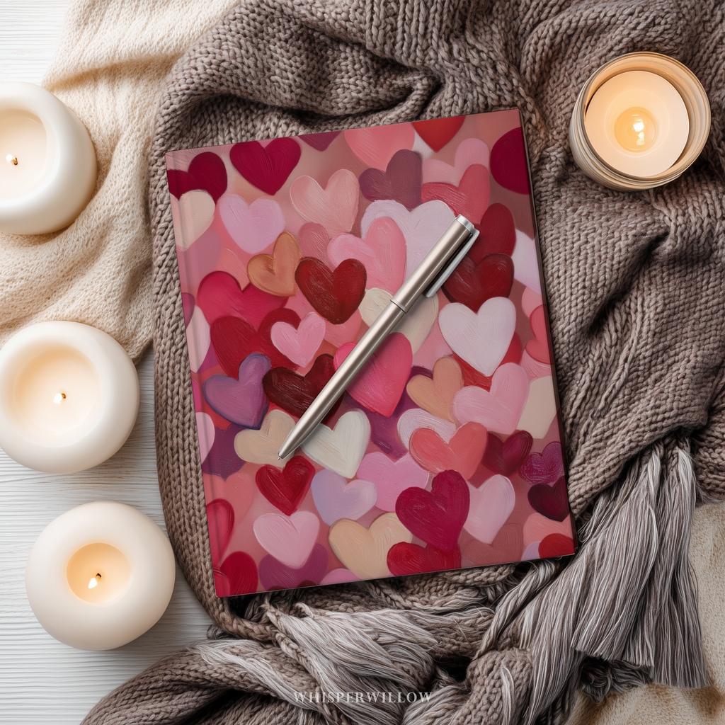 Notebook with heart pattern, pen, and candles on a textured surface WhisperWillow Studios Home Decor Gift