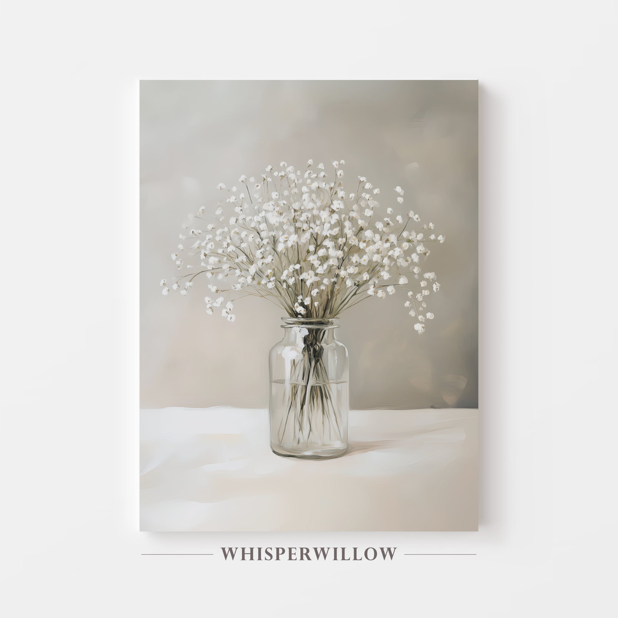 Leinwandbild mit Schleierkraut-Motiv | Neutraler Blumendruck | Beruhigende grau-weiße Dekoration
