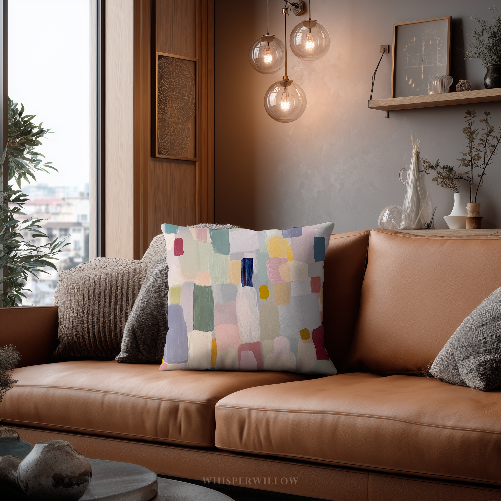Brown leather sofa with a colorful abstract pillow in a living room setting.
