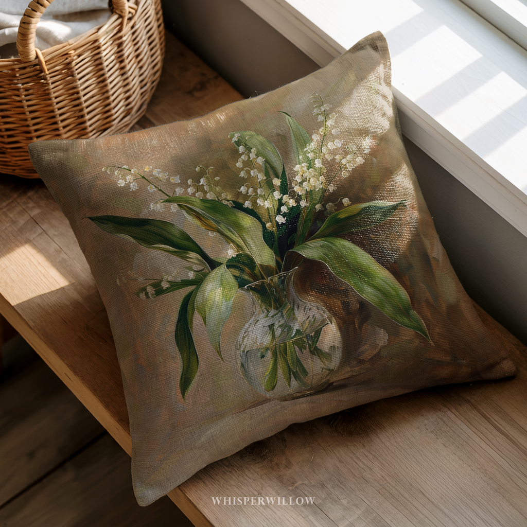 Lily of the Valley Throw Pillow - Floral Botanical Art Cushion Cover by WhisperWillow Studios Home Decor Gift