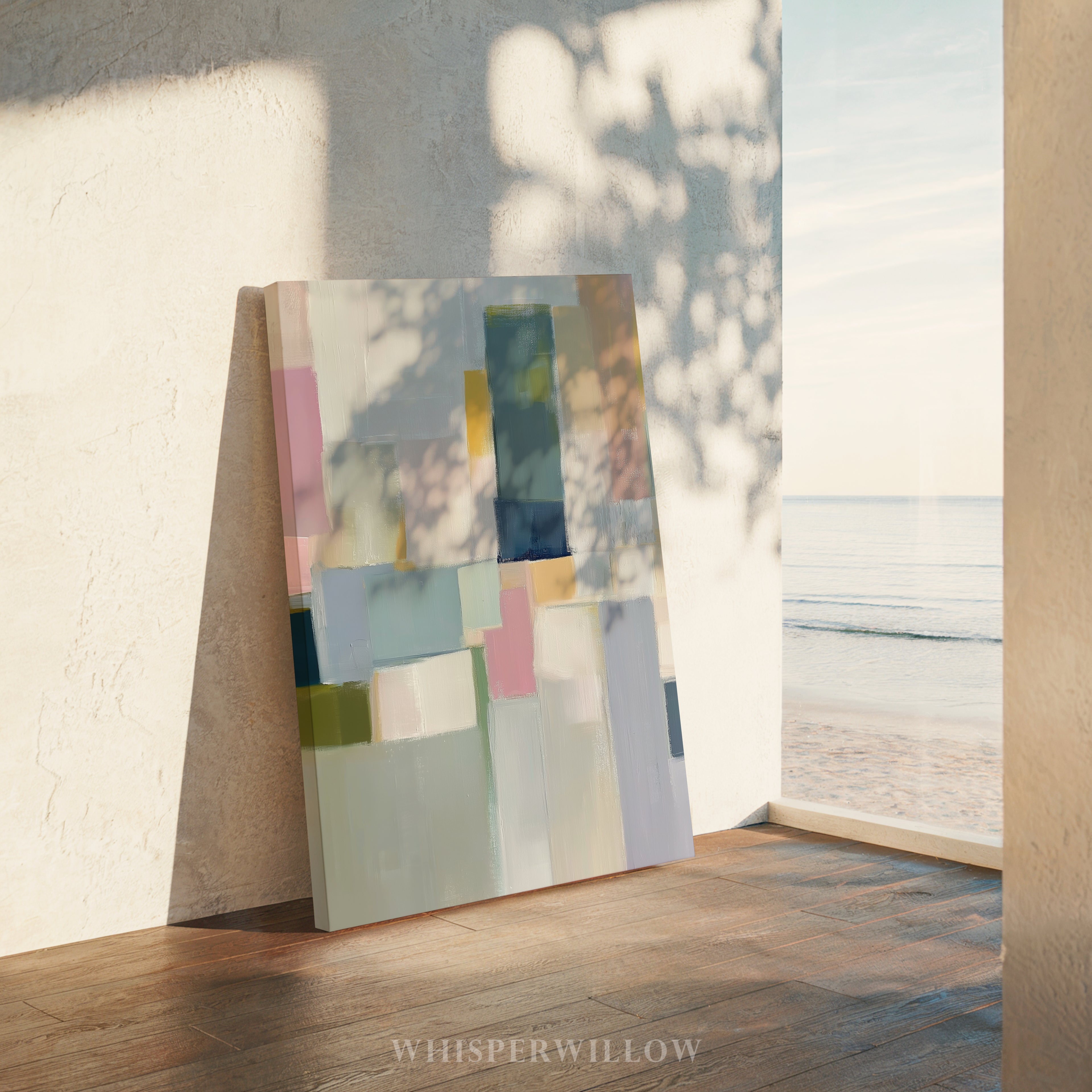 Pastellfarbenes geometrisches Leinwandbild – Abstrakter moderner minimalistischer Druck in sanften Farbblöcken