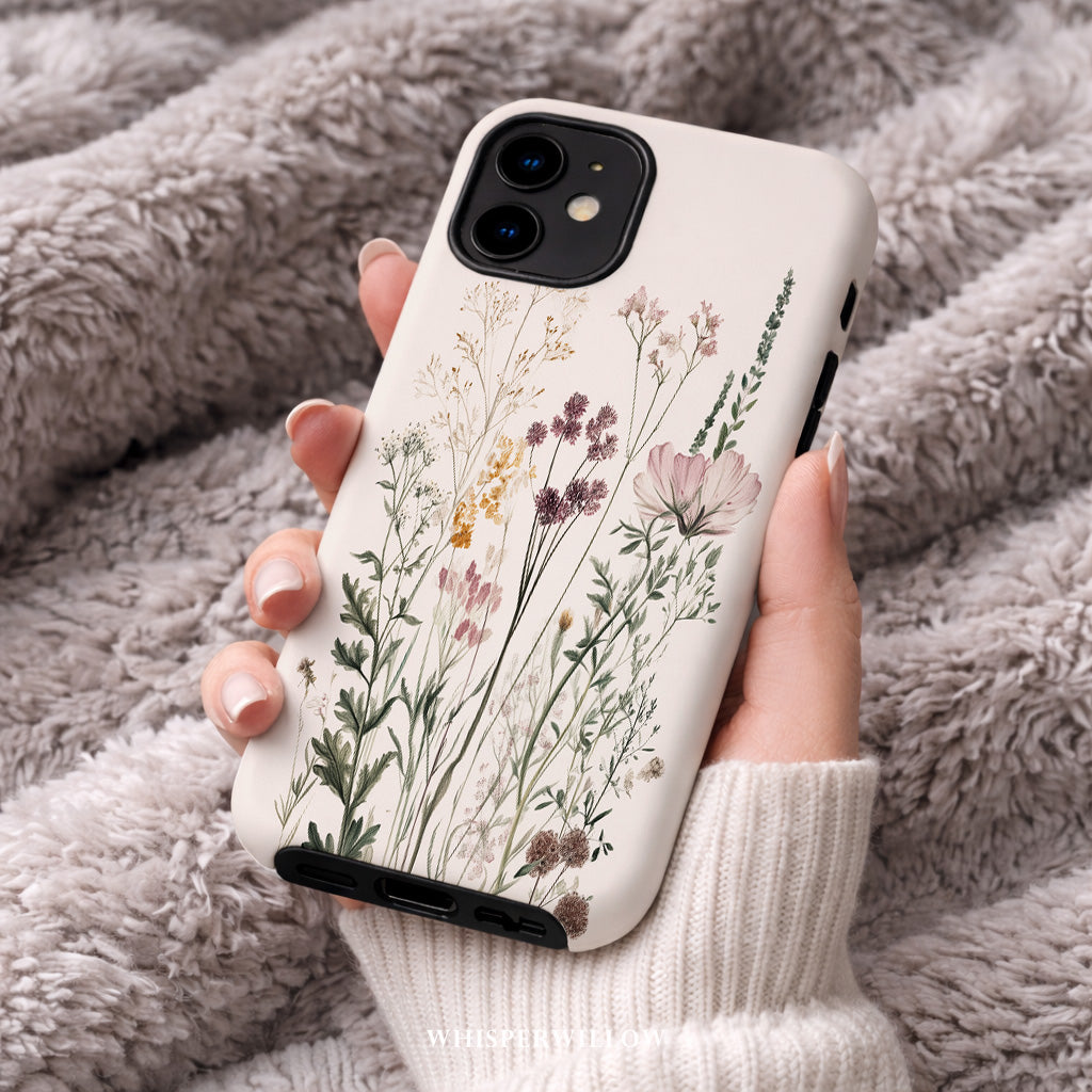 Botanical Wildflower Phone Case Compatible with iPhone | Minimalist Vintage Floral Meadow Aesthetic Soft Neutral Nature Garden Design
