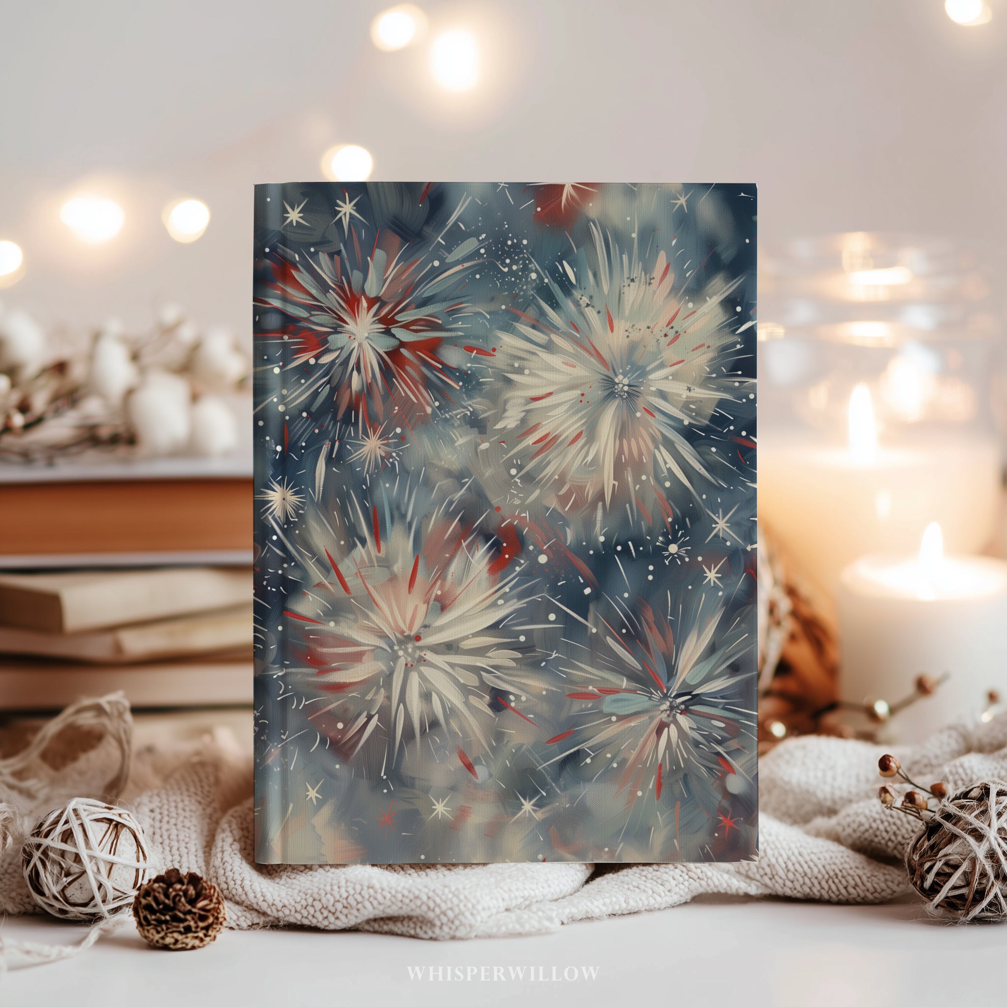 Notizbuch mit patriotischem Feuerwerksmotiv – Abstrakte Kunst mit rot-weiß-blauem Sternenmuster, Geschenkidee