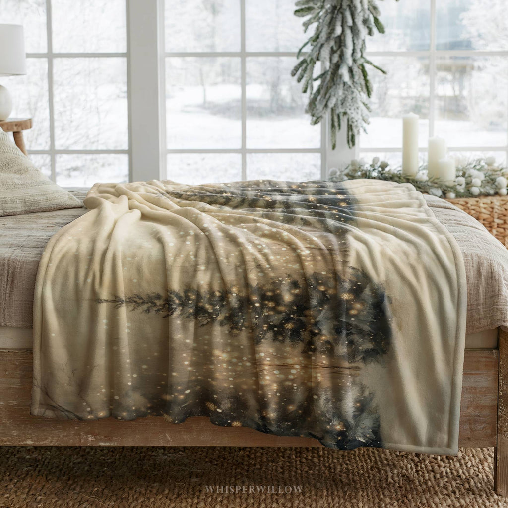 Winter Forest Throw Blanket - Snowy Trees Golden Lights Gift