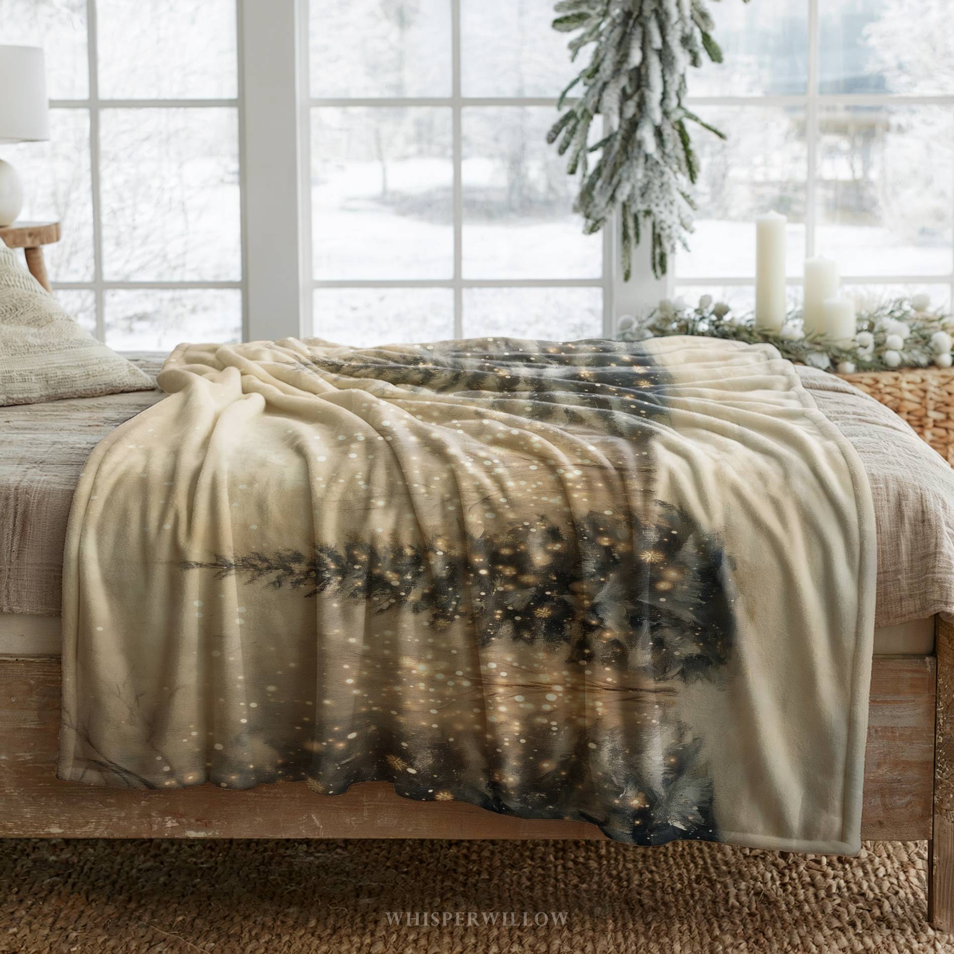 Winter Forest Throw Blanket - Snowy Trees Golden Lights Gift