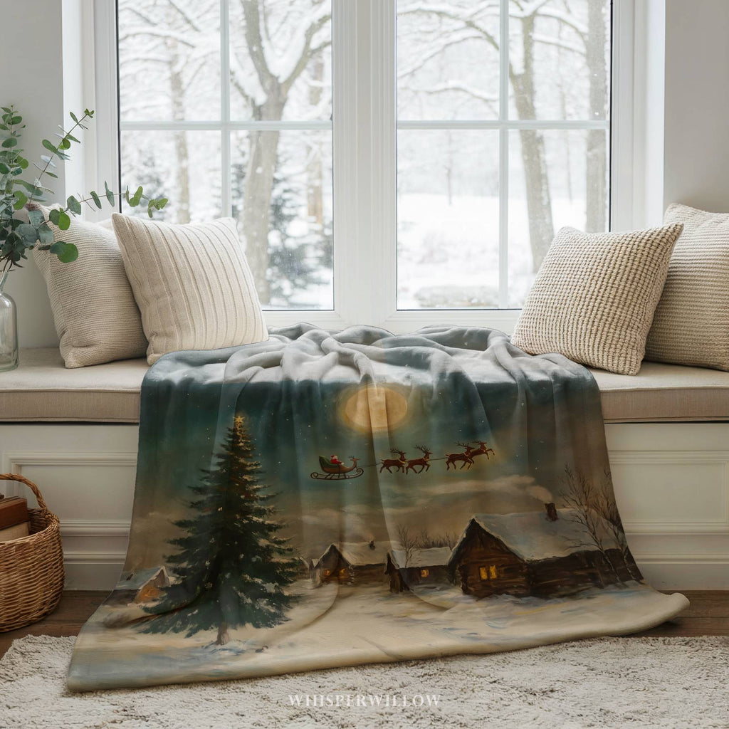 Christmas Santa Sleigh Throw Blanket - Reindeer Moonlit Village Gift