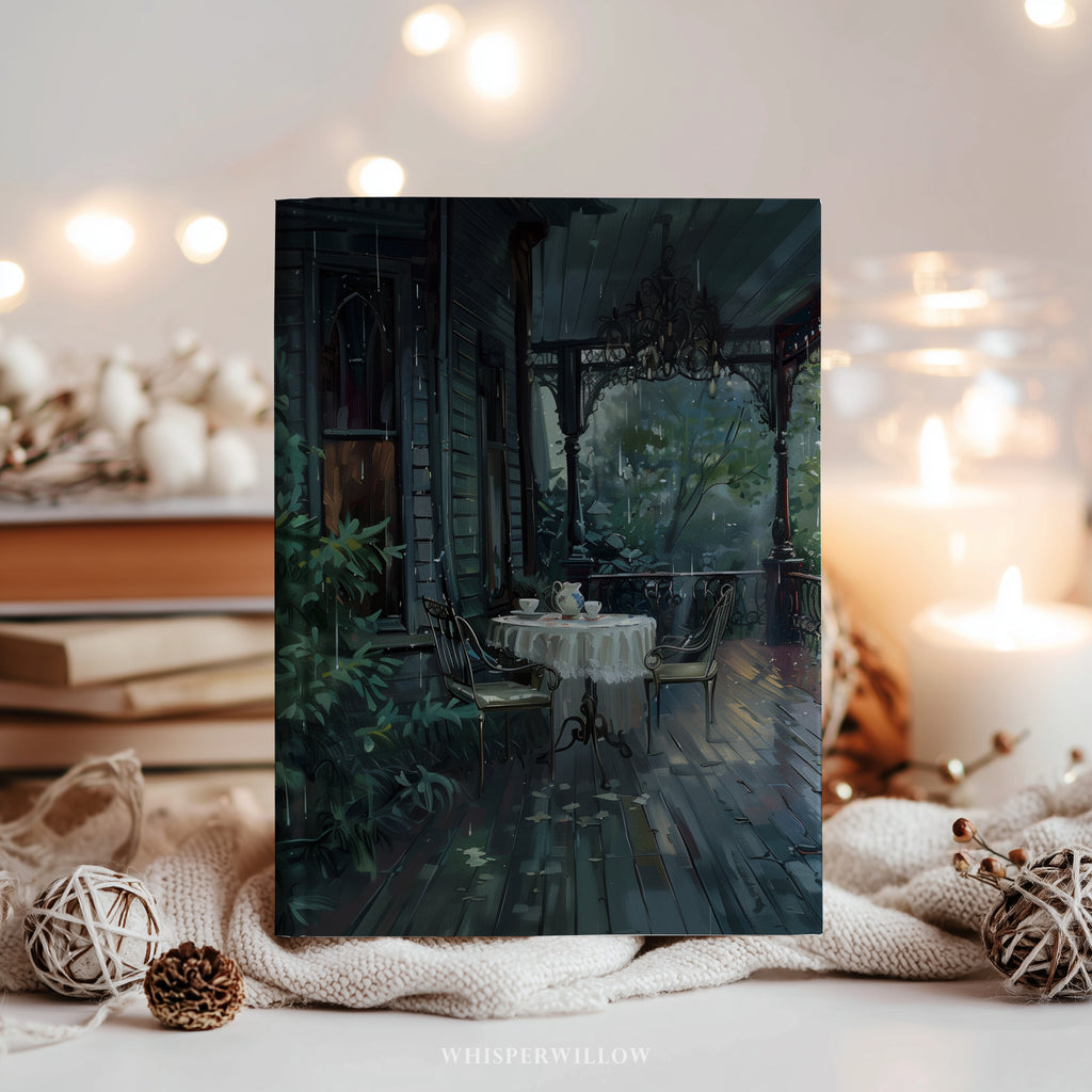 Notizbuch „Regenreiche viktorianische Veranda“ – Gotische Veranda-Teeszene, Geschenkidee für viktorianische Haushalte