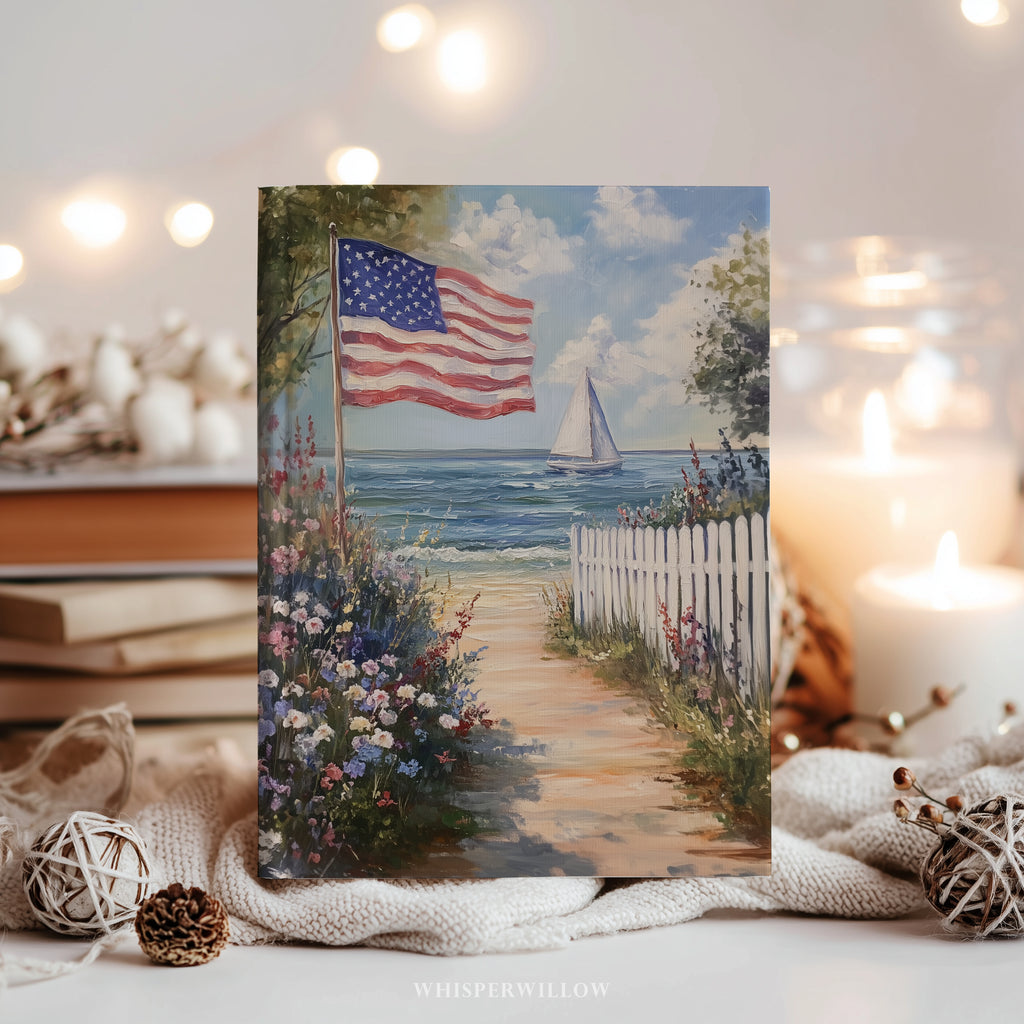 Carnet à couverture rigide drapeau américain - Motif patriotique de voilier en bord de mer, cadeau idéal pour un jardin de plage