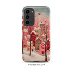 Romantic Winter Village Phone Case | Aesthetic Pink Snow Art | Heart Holiday Design | Compatible with Samsung Gift by WhisperWillow Studios