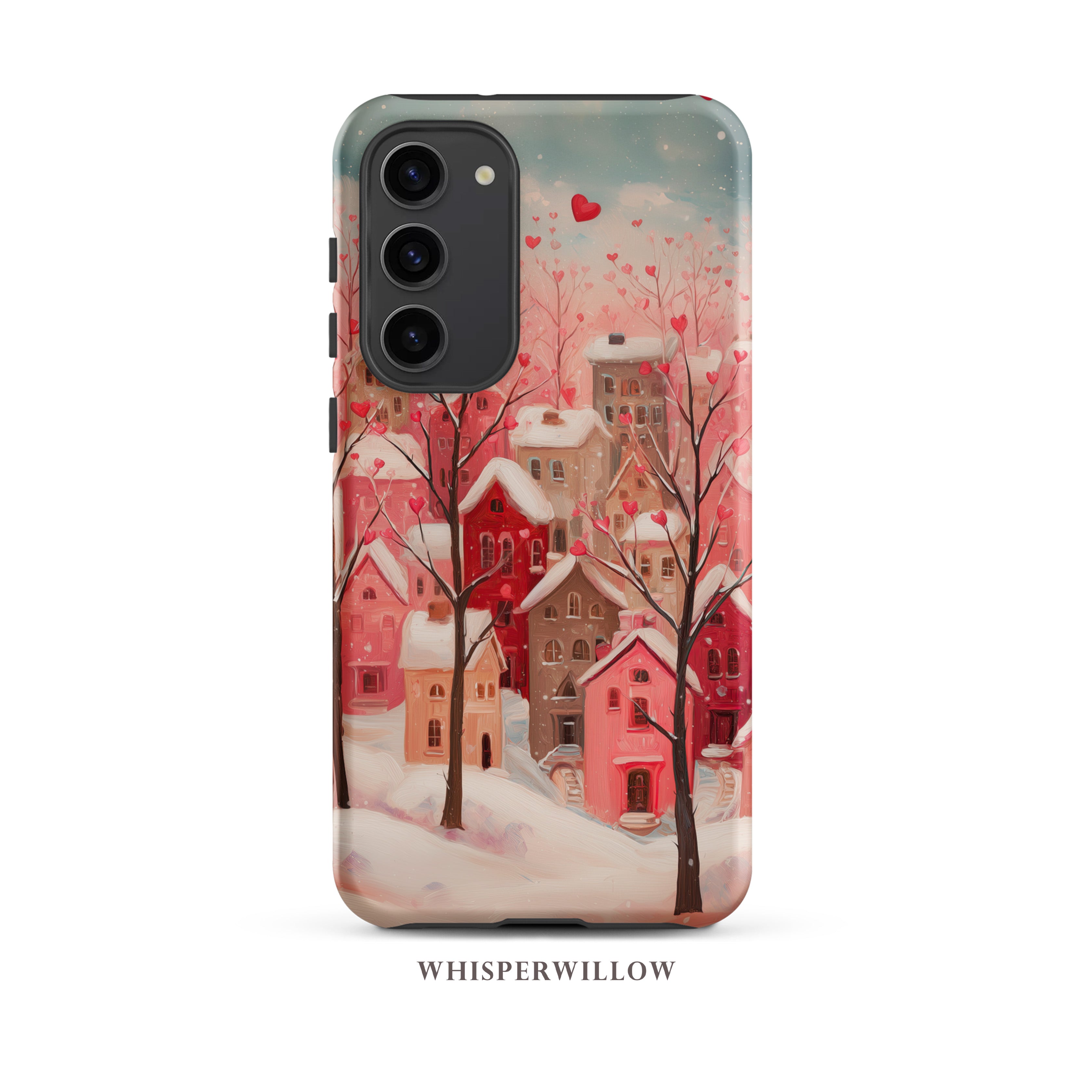 Romantic Winter Village Phone Case | Aesthetic Pink Snow Art | Heart Holiday Design | Compatible with Samsung Gift by WhisperWillow Studios