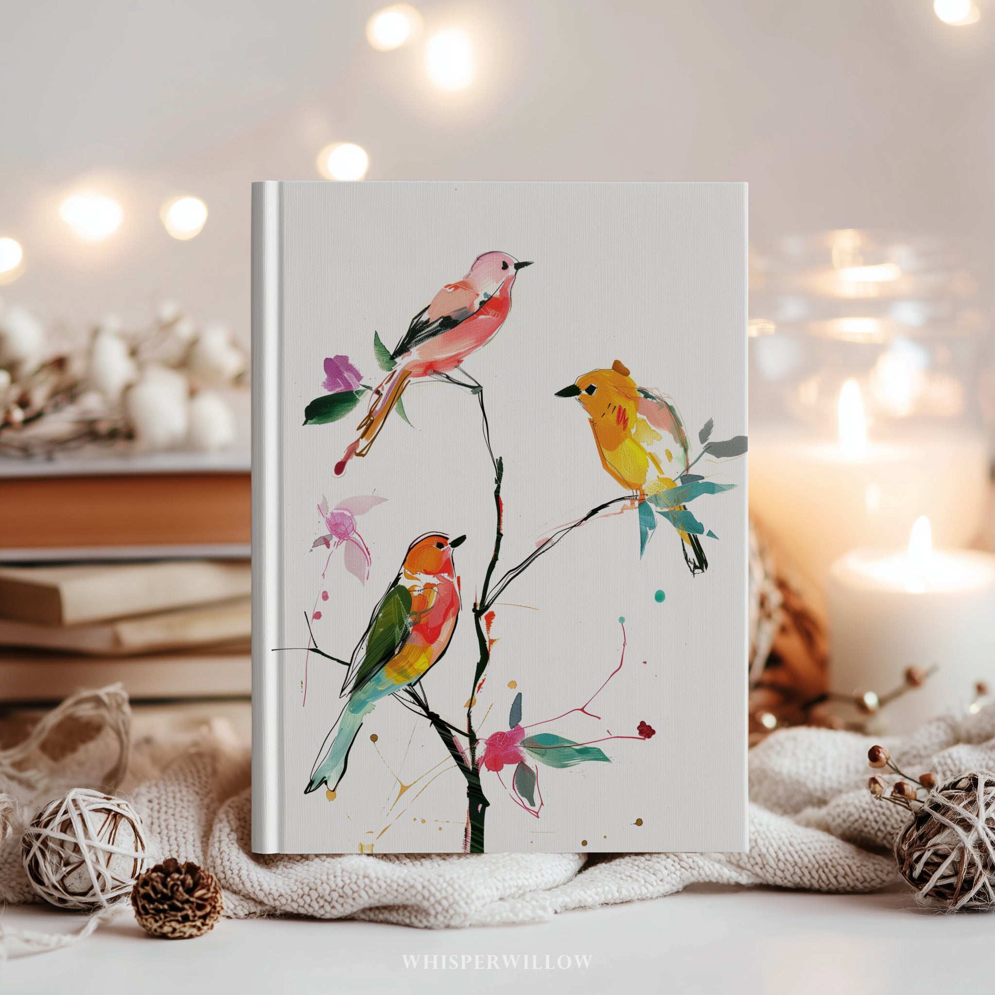 Buntes Notizbuch mit Singvögeln (Hardcover) – Botanischer Zweig, Vogelmotiv, Geschenkidee