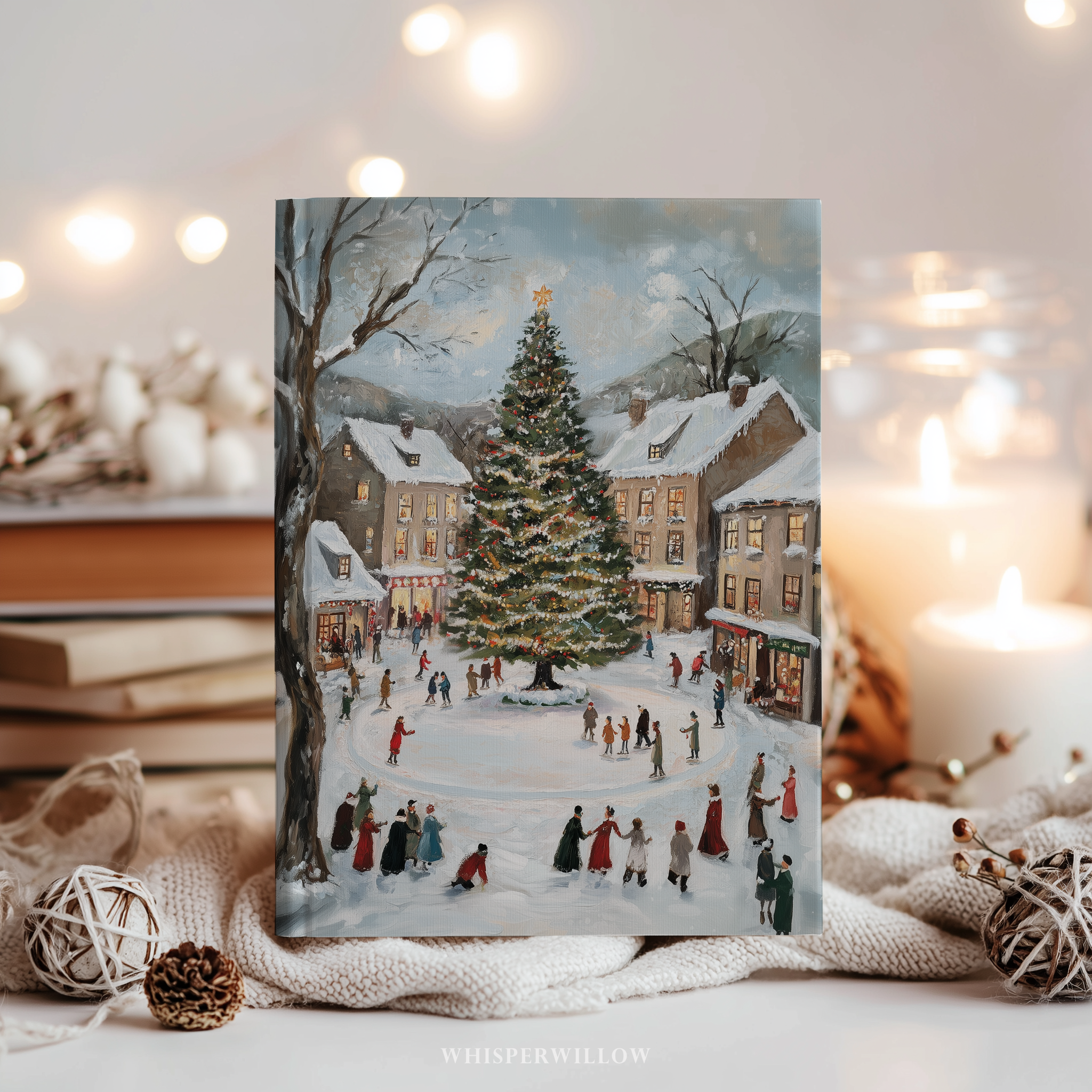 Weihnachtsdorf-Notizbuch (gebundene Ausgabe) – Eislaufen, geschmückter Winterbaum, Weihnachtsdorf – Geschenkidee