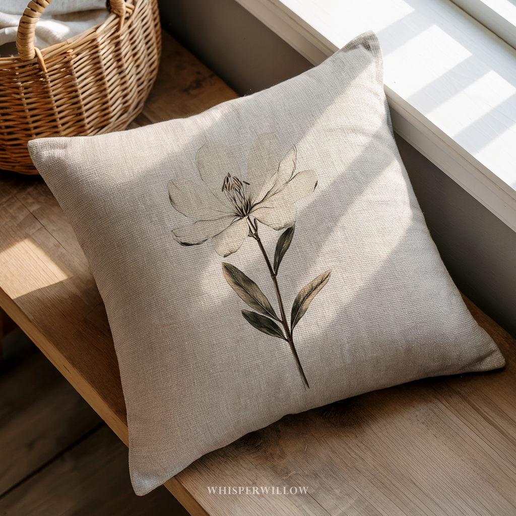 White Botanical Flower Throw Pillow - Minimalist Neutral Floral Cushion Cover by WhisperWillow Studios Home Decor Gift
