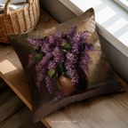 Purple Lilac Bouquet Throw Pillow | Floral Still Life Vase Art Cushion by WhisperWillow Studios Home Decor Gift