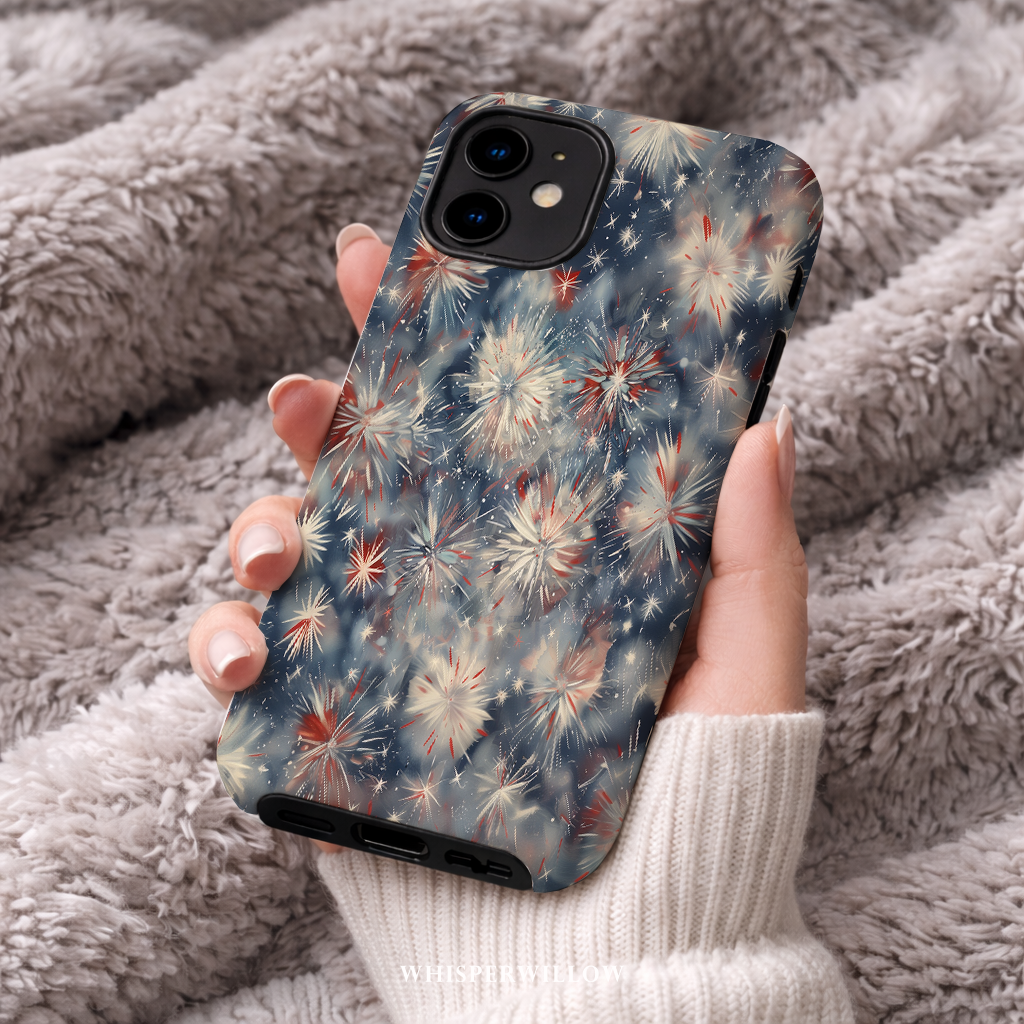 Abstract Fireworks Phone Case | Compatible with iPhone | Patriotic Red White Blue Starburst Cover