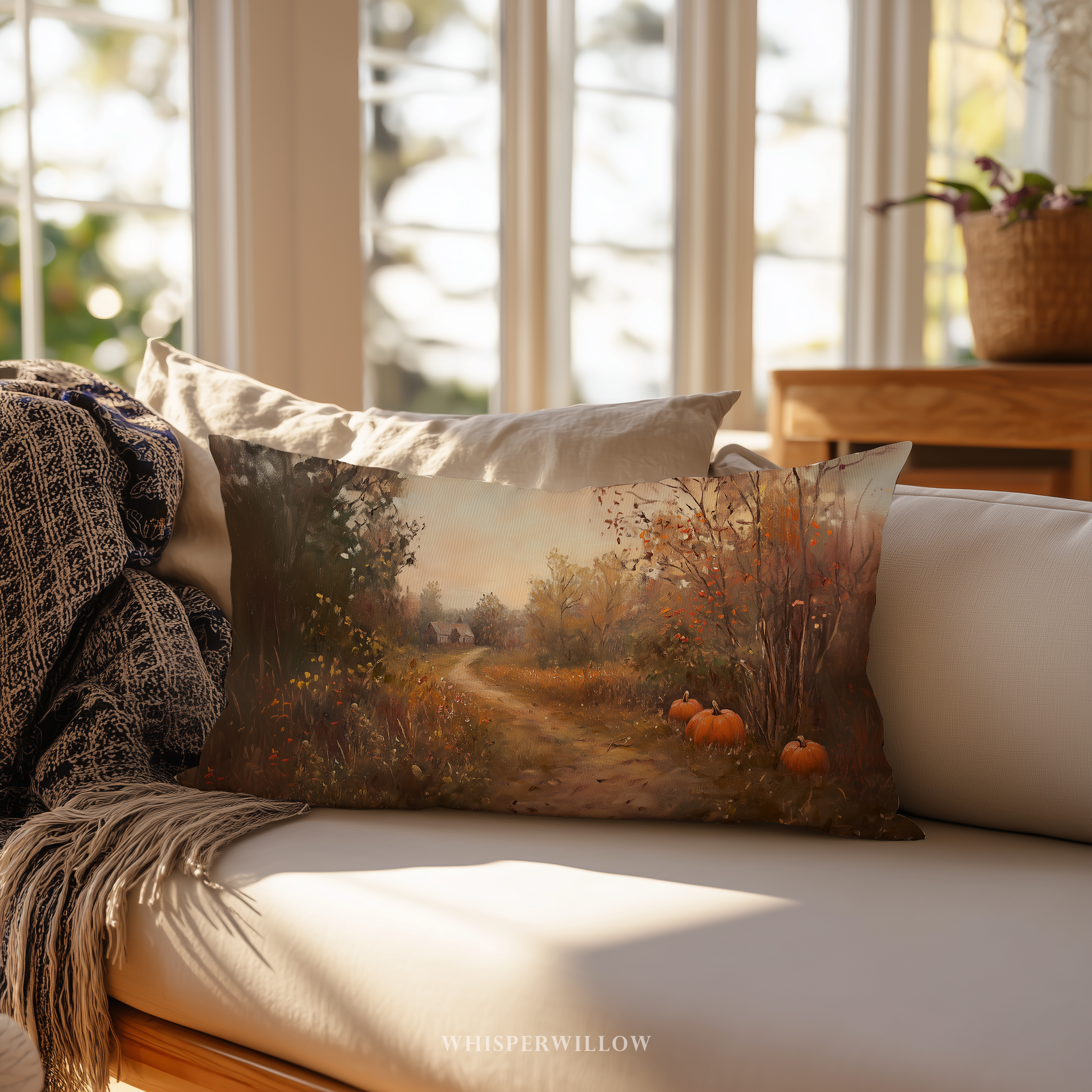 Autumn Pumpkin Path Throw Pillow - Fall Landscape Farmhouse Rustic Cottage Art Cushion Gift