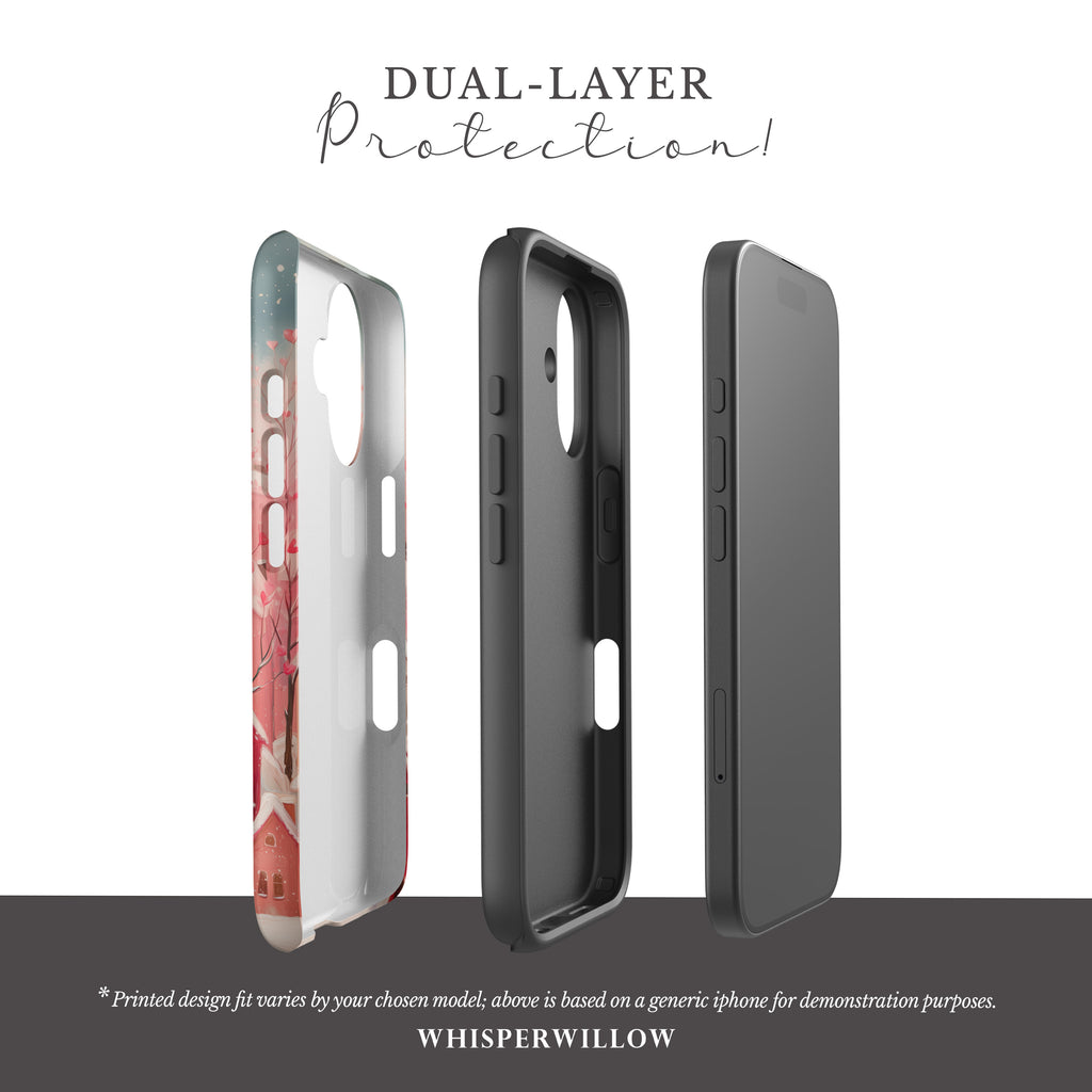 Romantic Winter Village Aesthetic Phone Case – Compatible with iPhone Models | Snowy Pink Heart Art