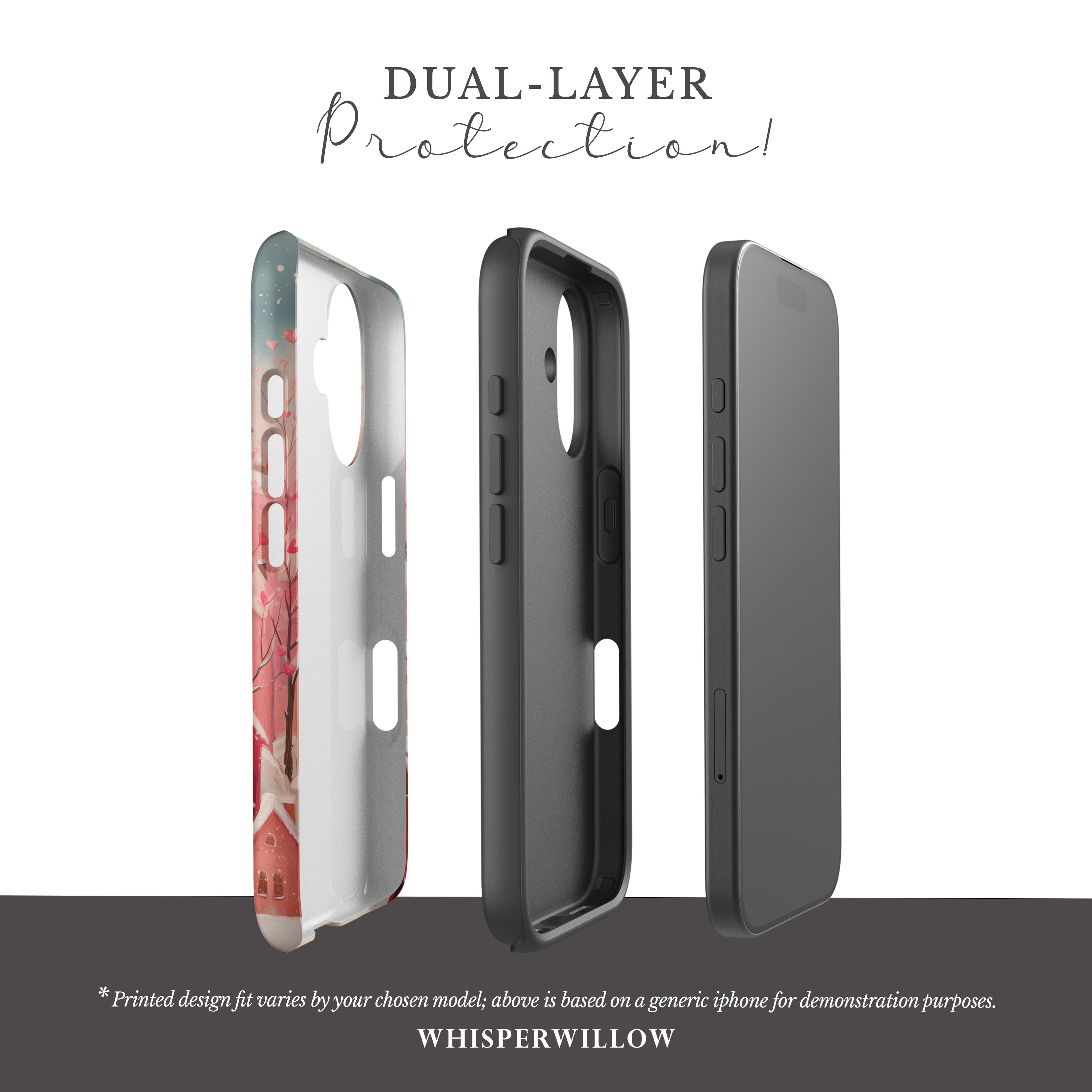 Romantic Winter Village Aesthetic Phone Case – Compatible with iPhone Models | Snowy Pink Heart Art