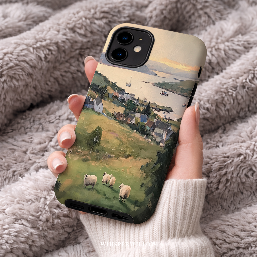 Coastal Sheep Meadow Phone Case | iPhone Compatible | Irish Harbor Village Scenic Cover