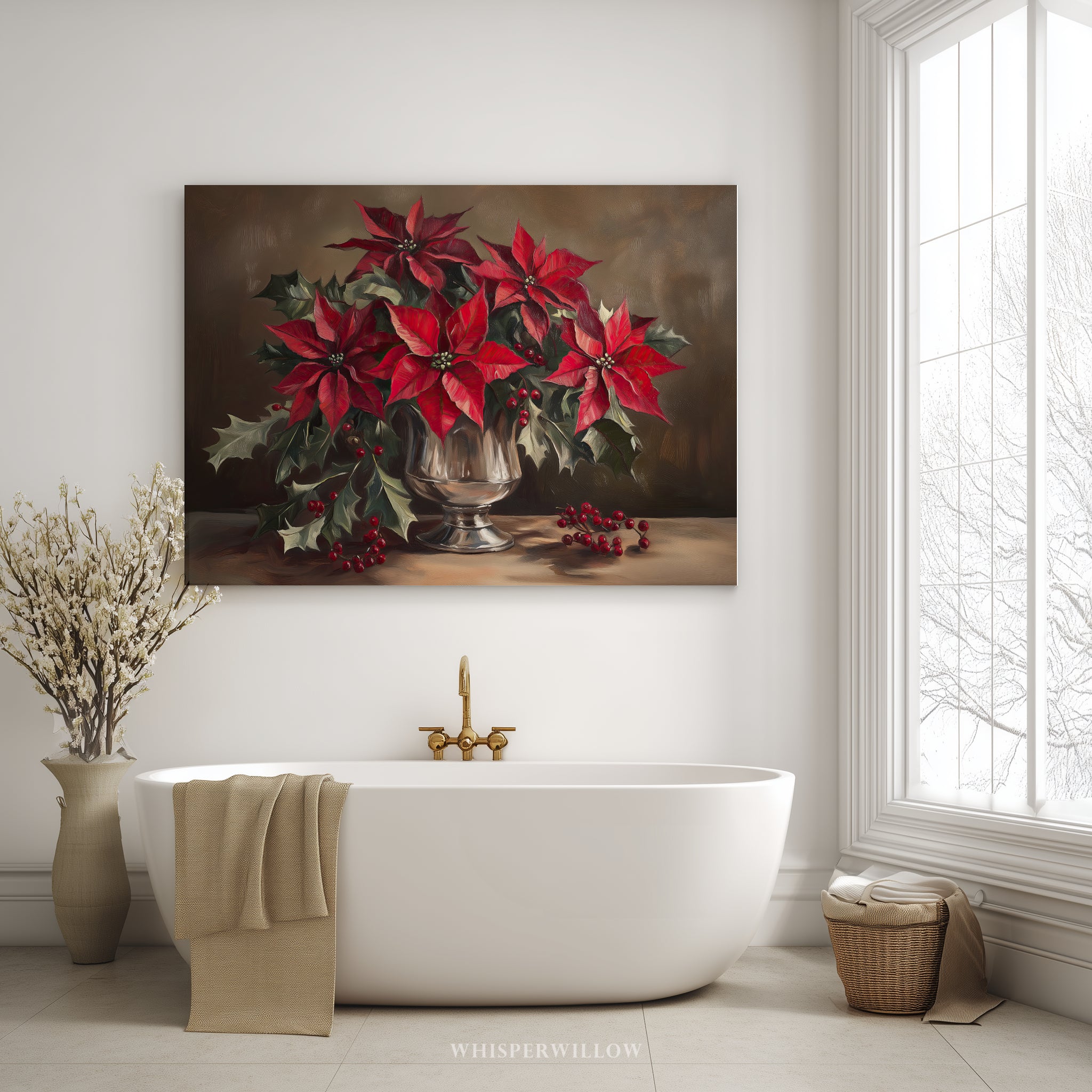 Weihnachtliches Leinwandbild | Roter Weihnachtsstern in silberner Vase | Botanische Winterdeko – Geschenkidee für Zuhause