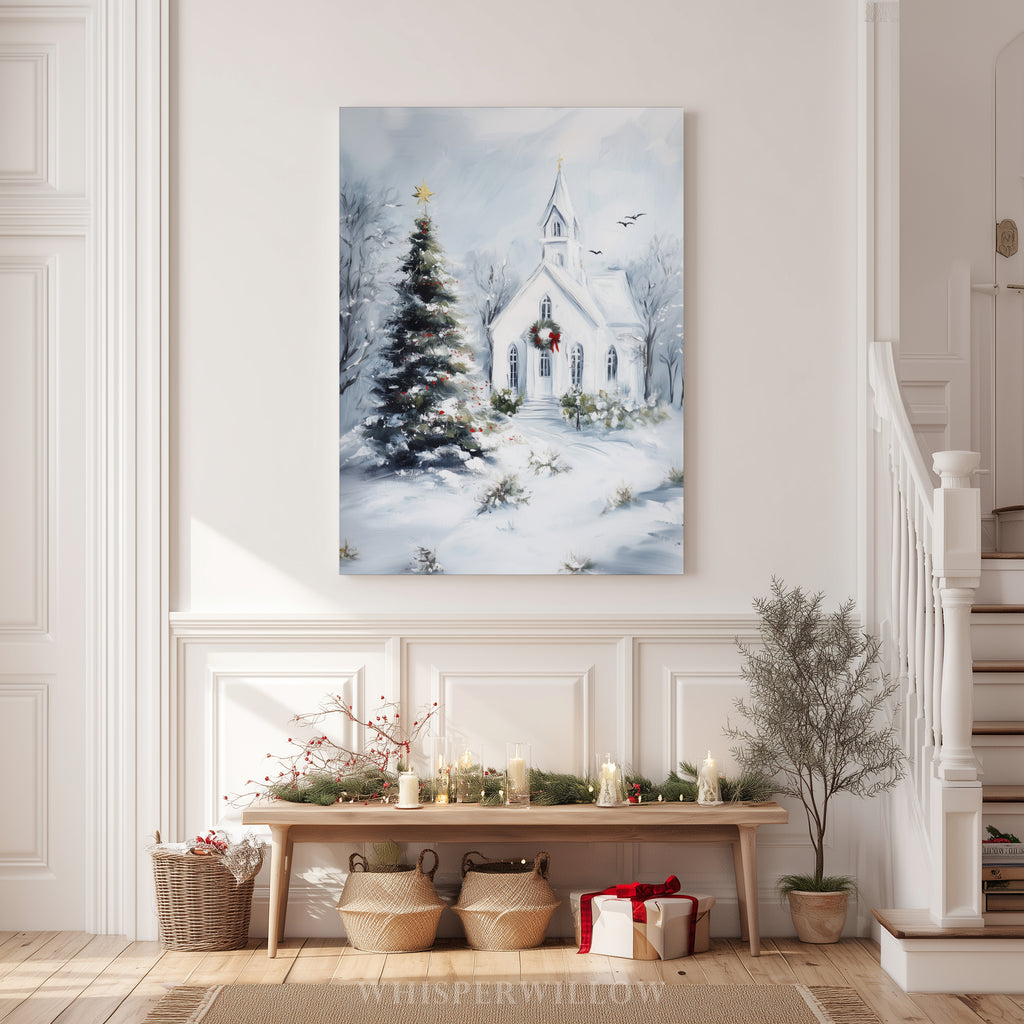 Weihnachtliches Leinwandbild | Winterliche Kirchenszene mit Schneebedeckt | Christliches Deko-Geschenk für Zuhause