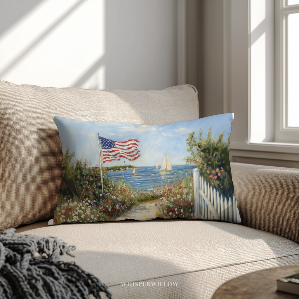 Patriotic American Flag Throw Pillow, Seaside Sailboat Wildflower Design, Independence Day Cushion, 4th of July Home Decor Gift