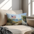 Patriotic American Flag Throw Pillow, Seaside Sailboat Wildflower Design, Independence Day Cushion, 4th of July Home Decor Gift