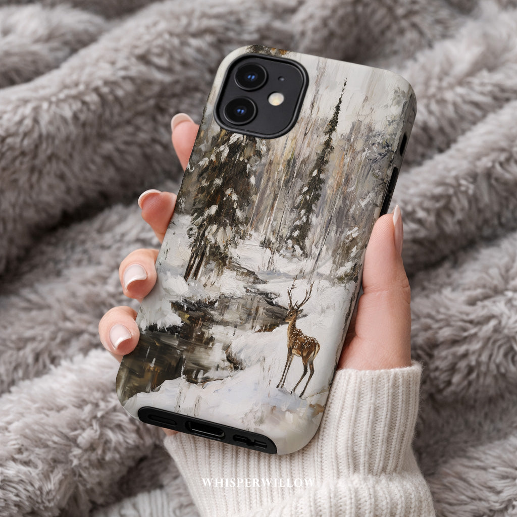 Aesthetic Winter Deer Phone Case | Compatible with MagSafe Charging | Forest Snow Wildlife Art | Gift for Him