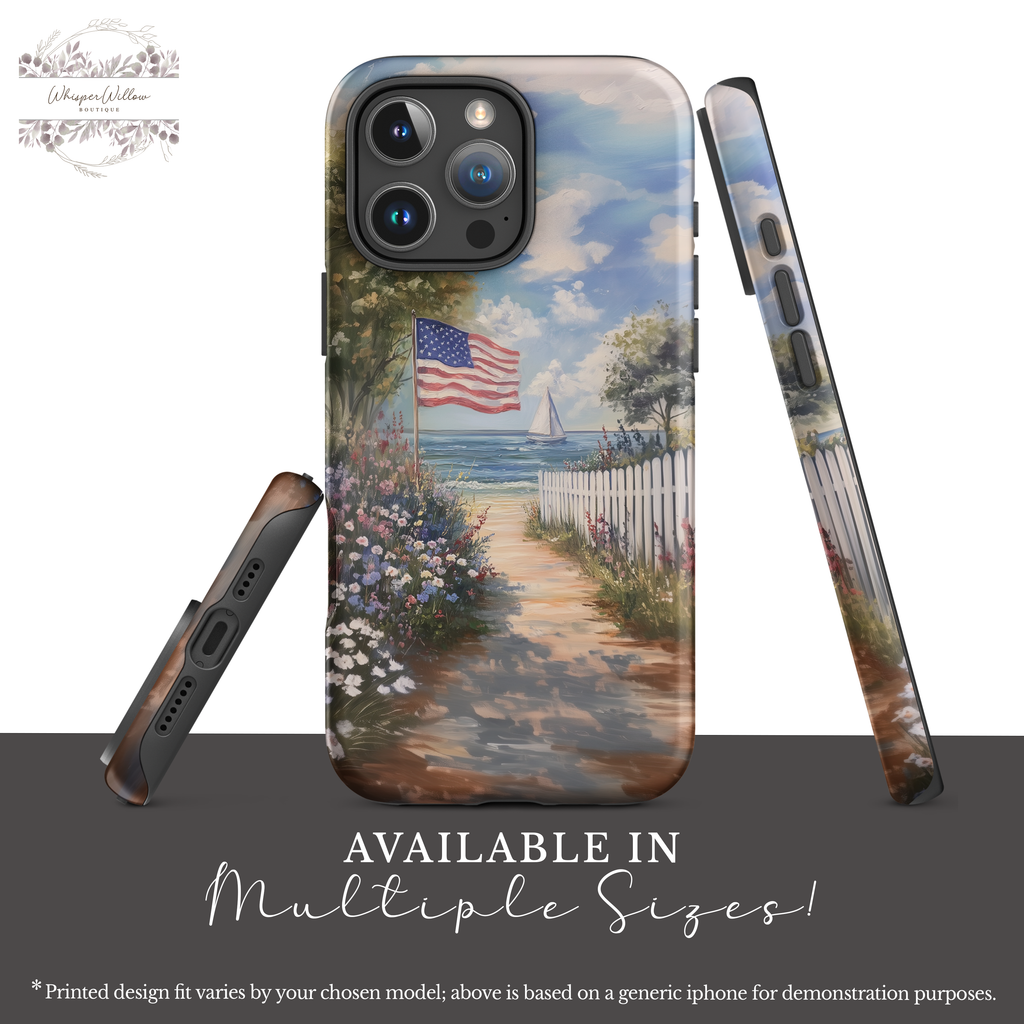 Coastal Art Phone Case | Compatible with iPhone Models | USA Flag Beach Sailboat Ocean Colorful Aesthetic