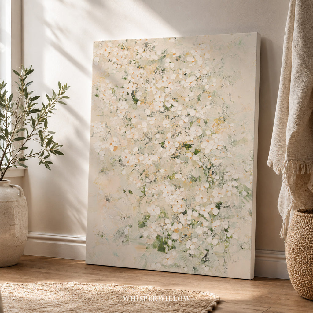 Leinwandbild „Weiße Wildblumenwiese“ – Zartes, neutrales botanisches Naturmotiv