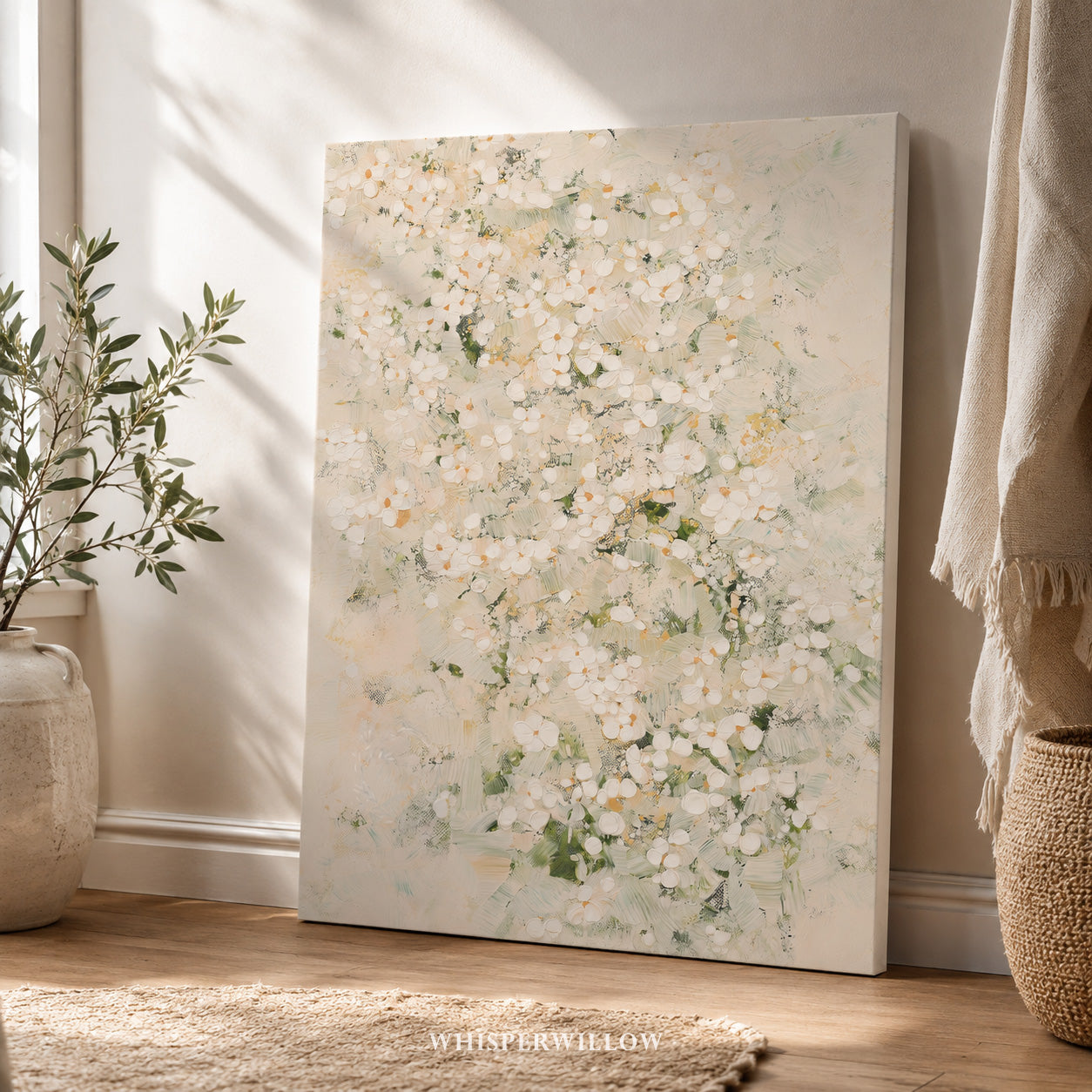 Leinwandbild „Weiße Wildblumenwiese“ – Zartes, neutrales botanisches Naturmotiv