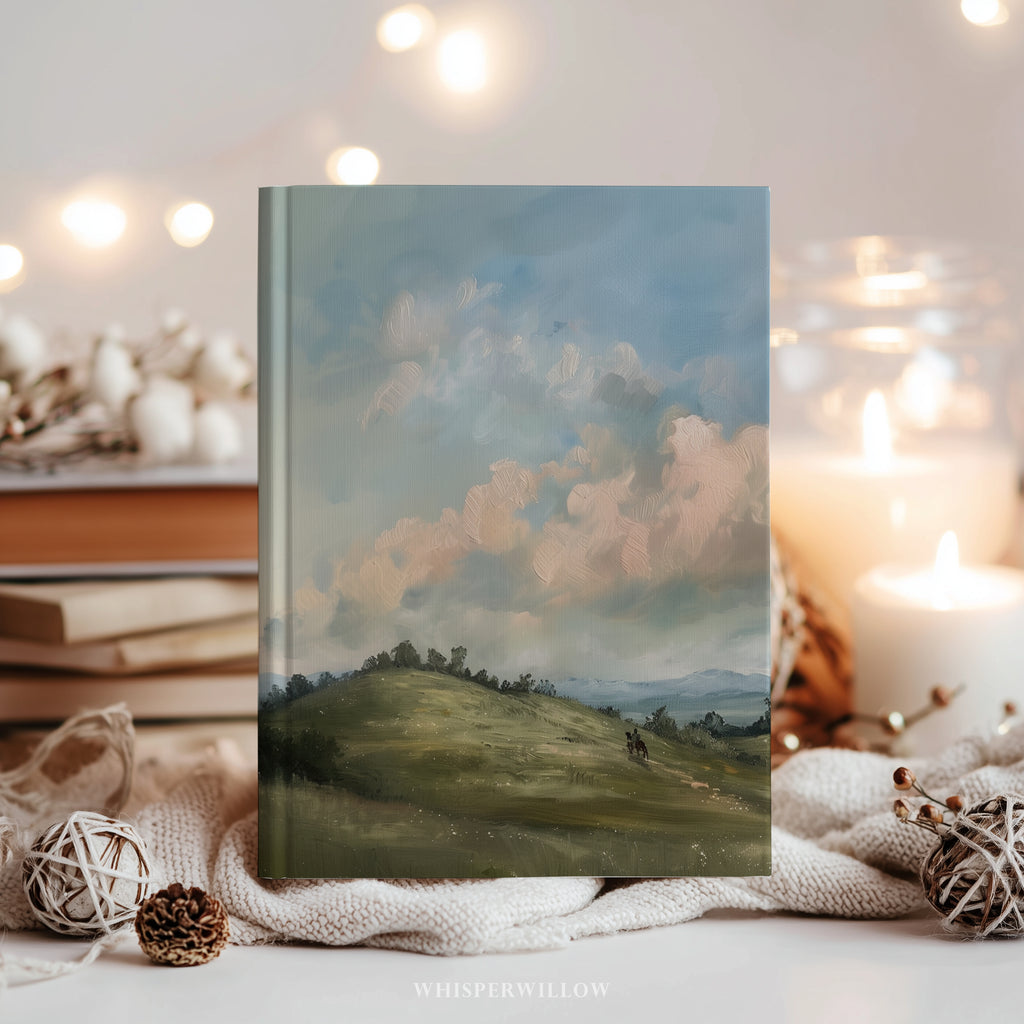 Notizbuch mit Hardcover „Hügelige Hügel und Pferde“ – Wolkenlandschaft, malerische Himmelwiese – Geschenkidee