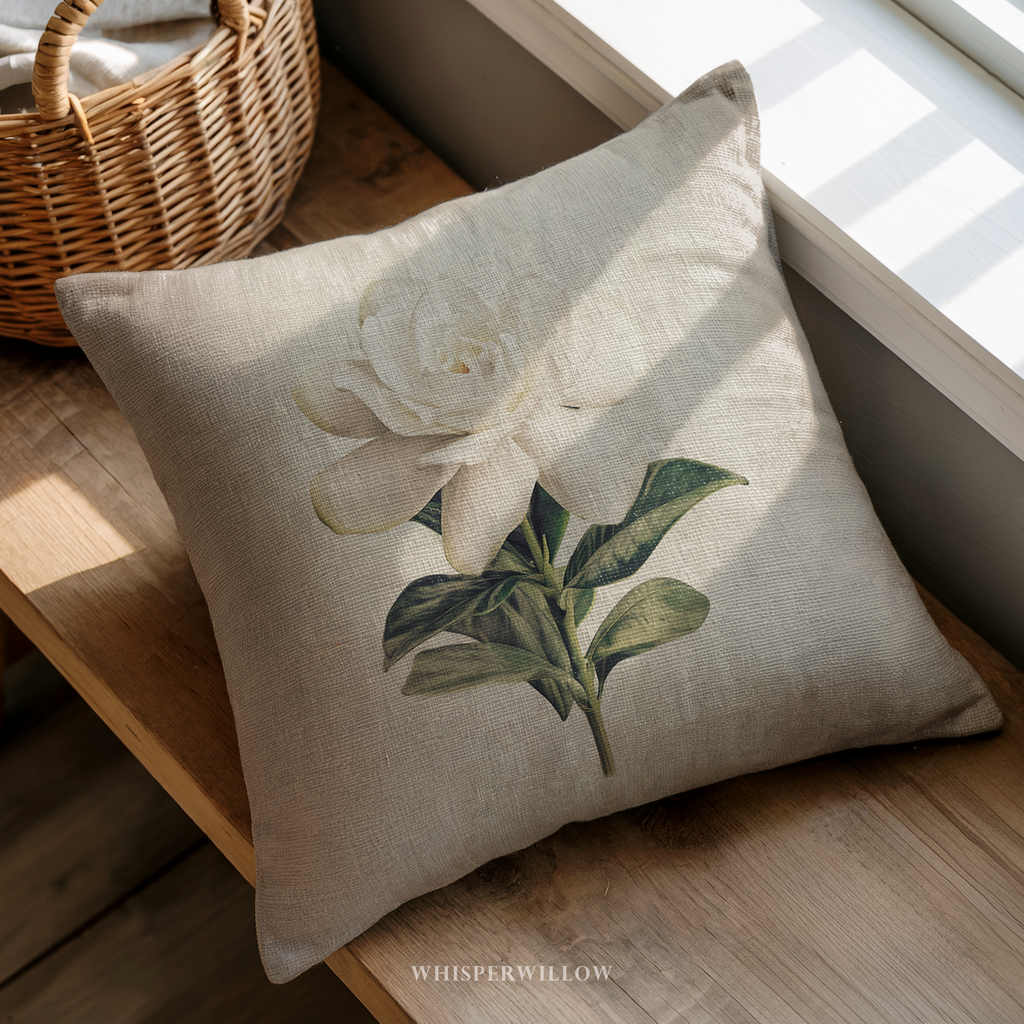 Coussin décoratif blanc gardénia | Motif floral élégant | Coussin décoratif minimaliste à motif botanique