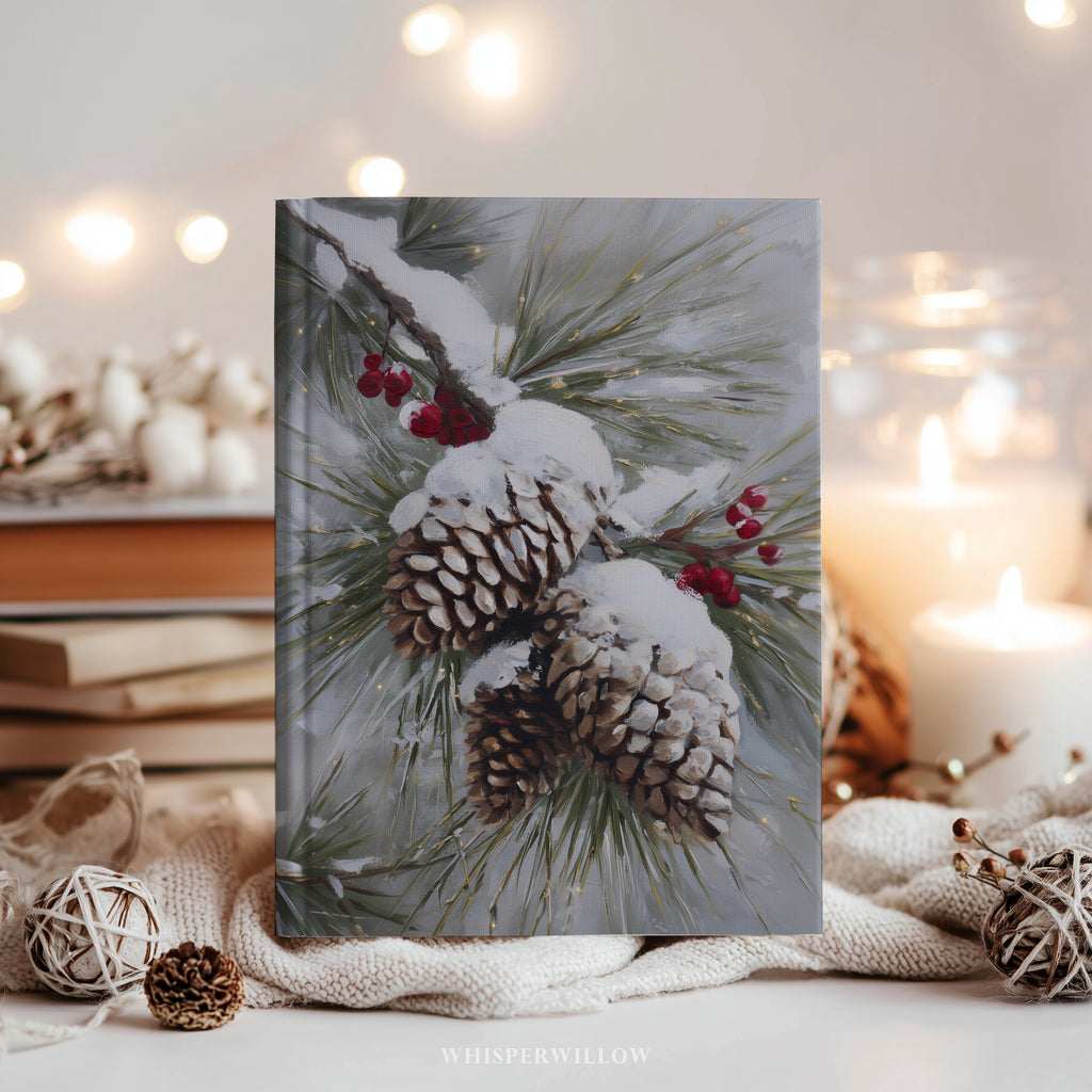Notizbuch mit verschneiten Kiefernzapfen und immergrünen Blättern – Winterliche Naturkunst, Geschenkidee mit roten Beeren