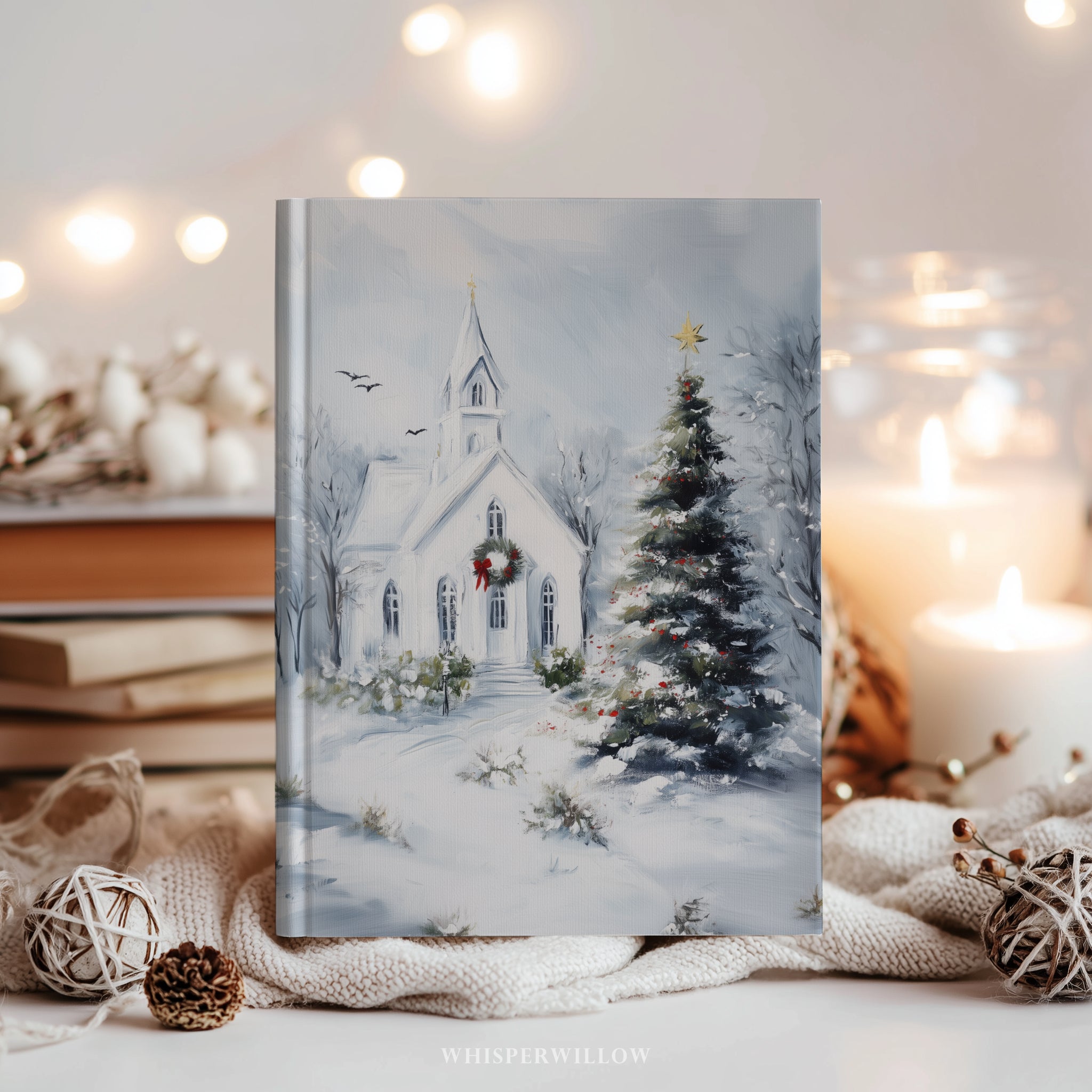 Winterliches Kirchen-Notizbuch (gebunden) – Weihnachtsbaum-Motiv, christliches Fest, verschneite Landschaft – Geschenkidee