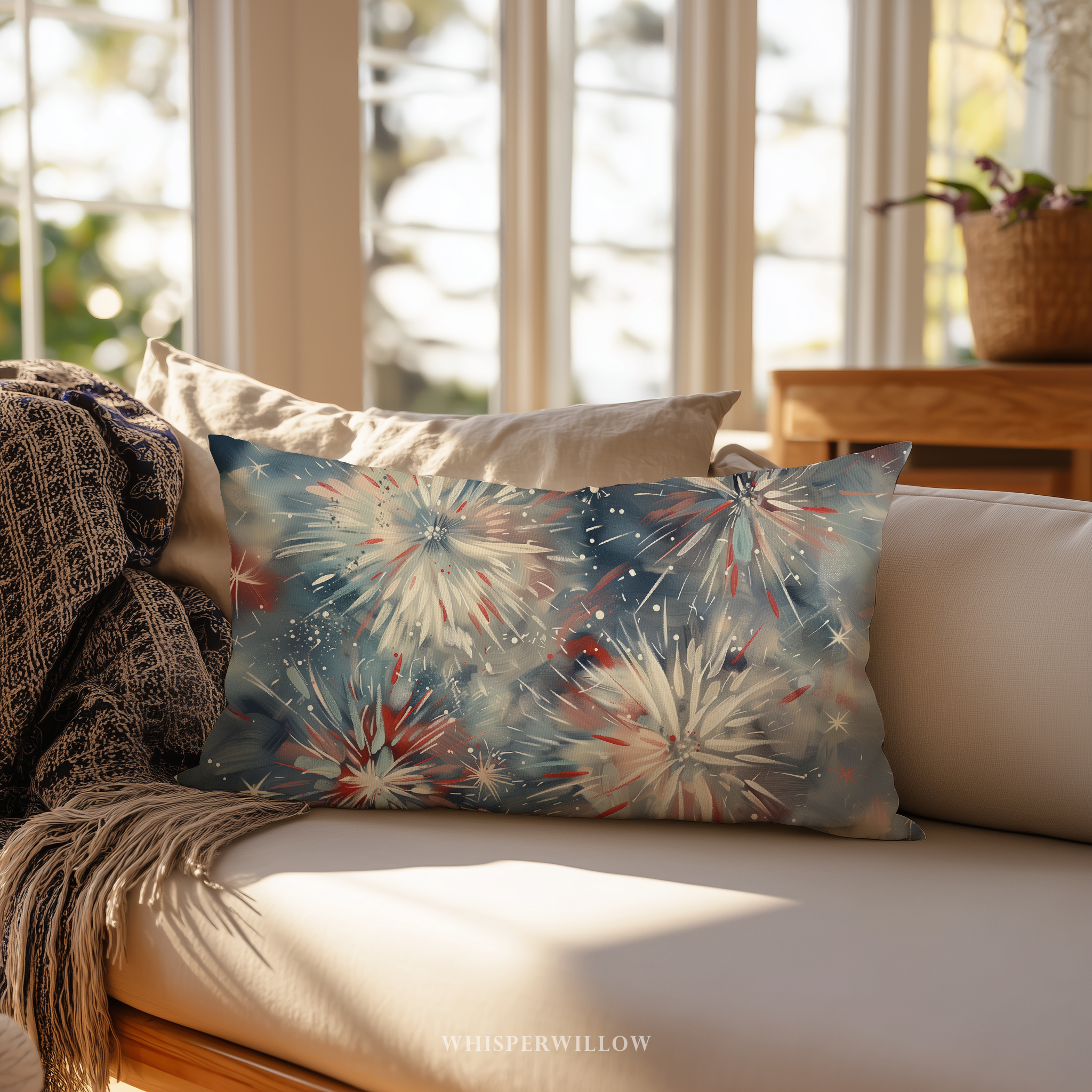 Abstract Fireworks Floral Throw Pillow and Case - Red White Blue Patriotic Home Decor