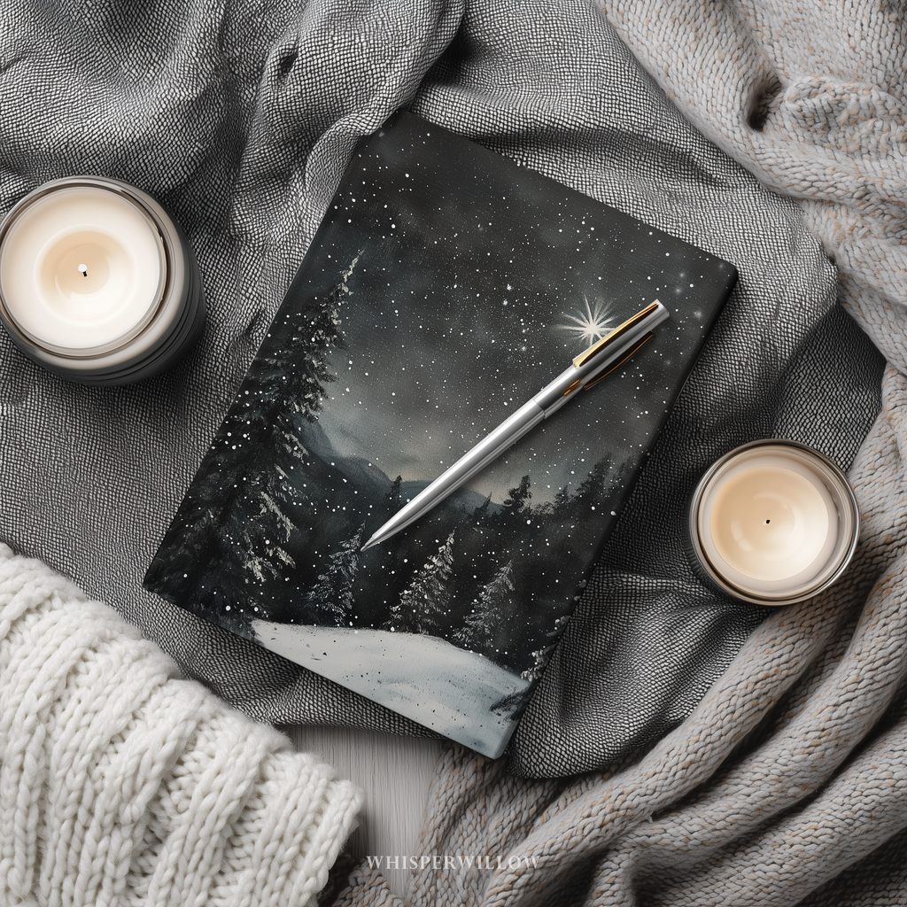 Winter Christmas North Star Evening Sky Stars and Forest Hardcover Journal by WhisperWillow Studios Home Decor Gift