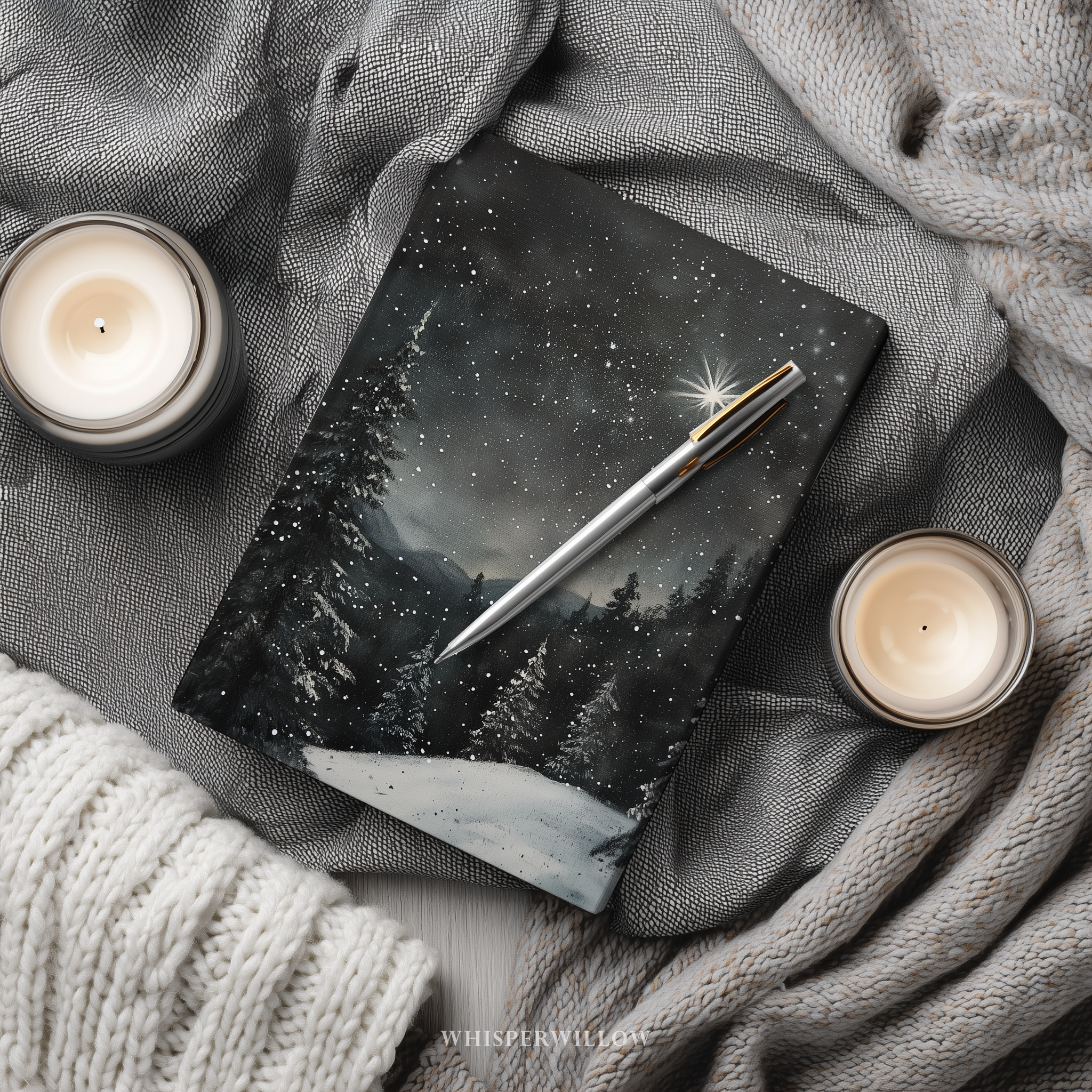 Winter Christmas North Star Evening Sky Stars and Forest Hardcover Journal by WhisperWillow Studios Home Decor Gift