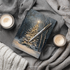 Magical Christmas tree and lights in forest art on hardcover matte journal by WhisperWillow Studios home decor gift
