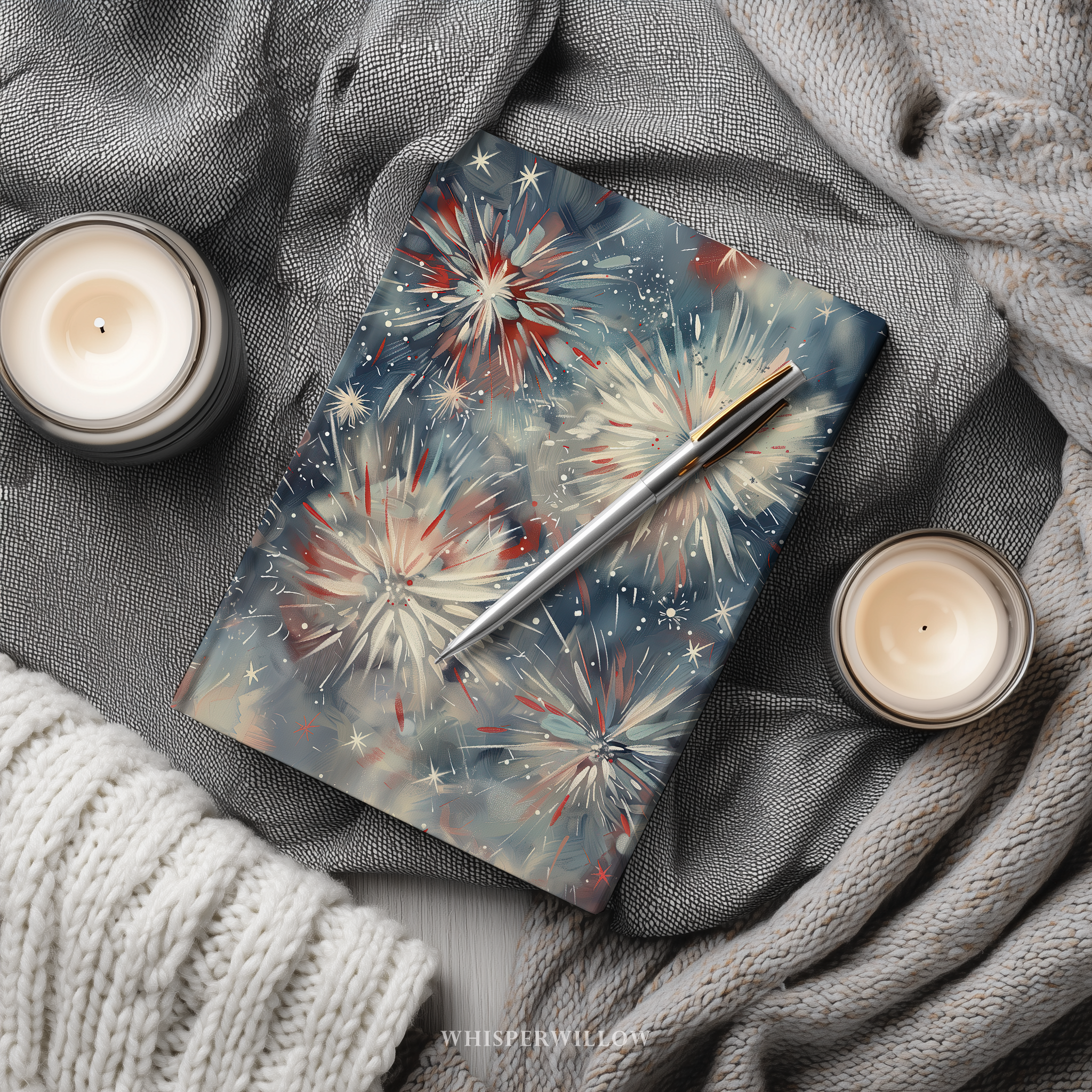 Patriotic American fireworks art on hardcover journal cover by WhisperWillow Studios home decor gift