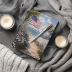 American flag flowers and coastal setting art on a hardcovered journal by WhisperWillow Studios home decor gift