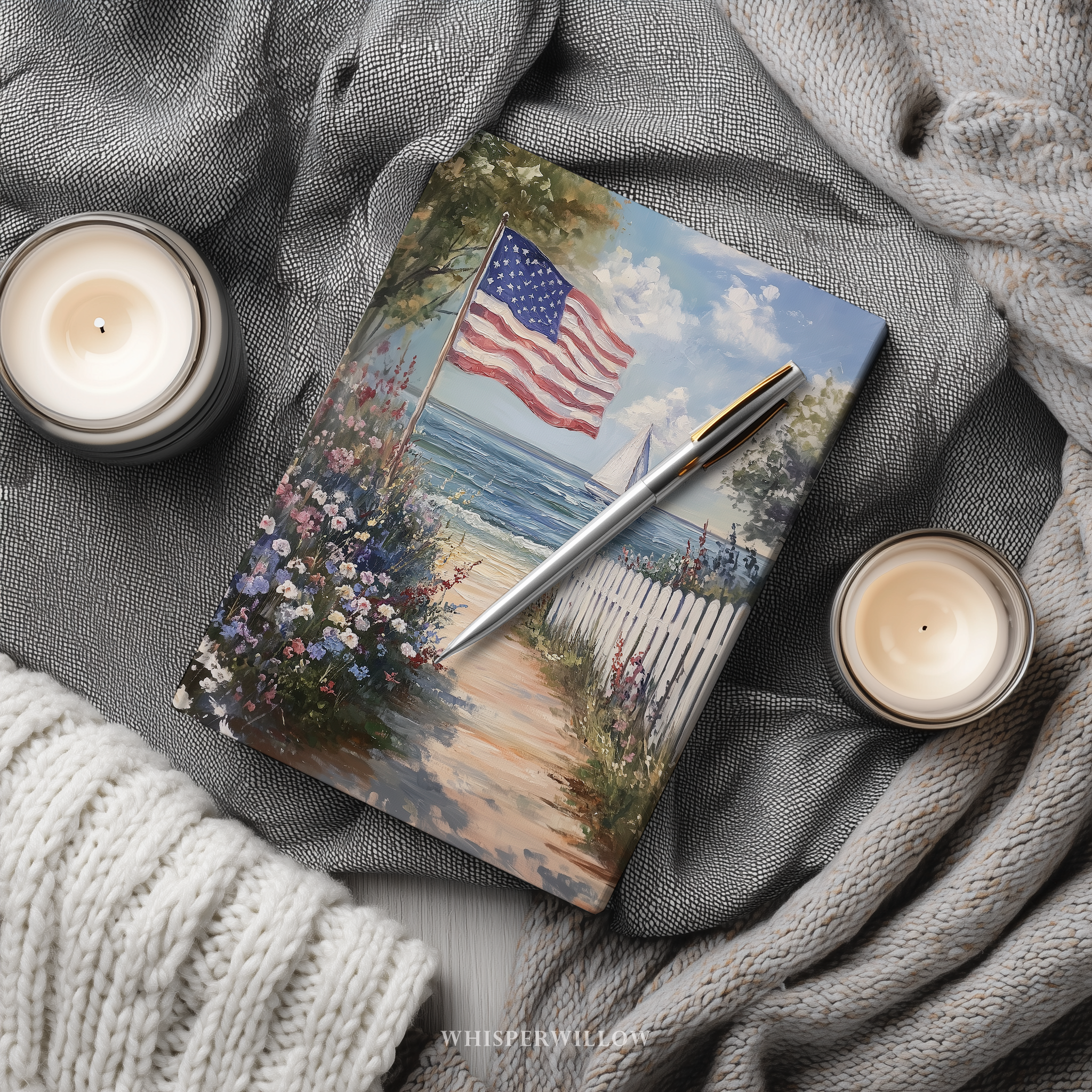 American flag flowers and coastal setting art on a hardcovered journal by WhisperWillow Studios home decor gift