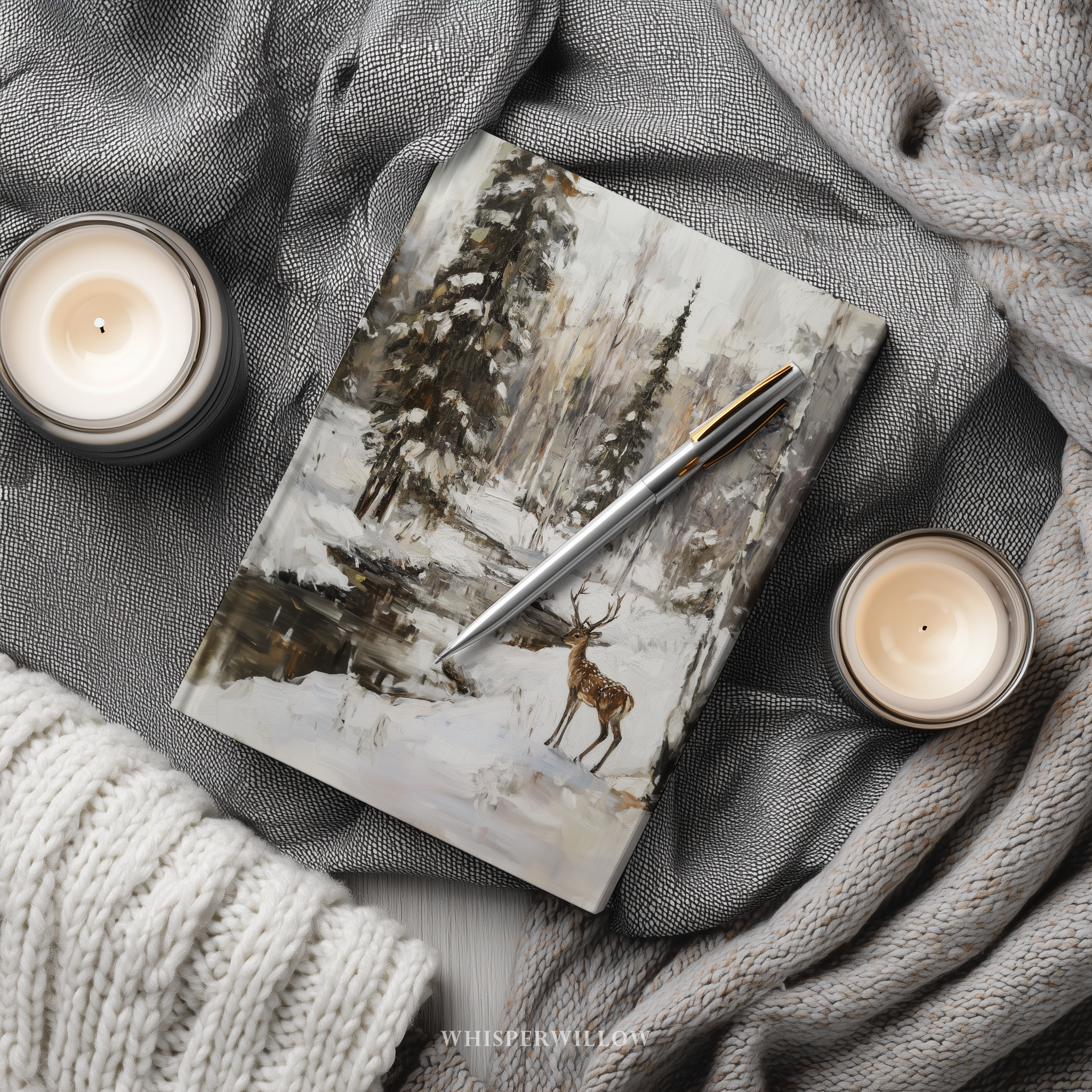 Winter forest and deer buck landscape art on matte hardcover journal by WhisperWillow Studios home decor gift