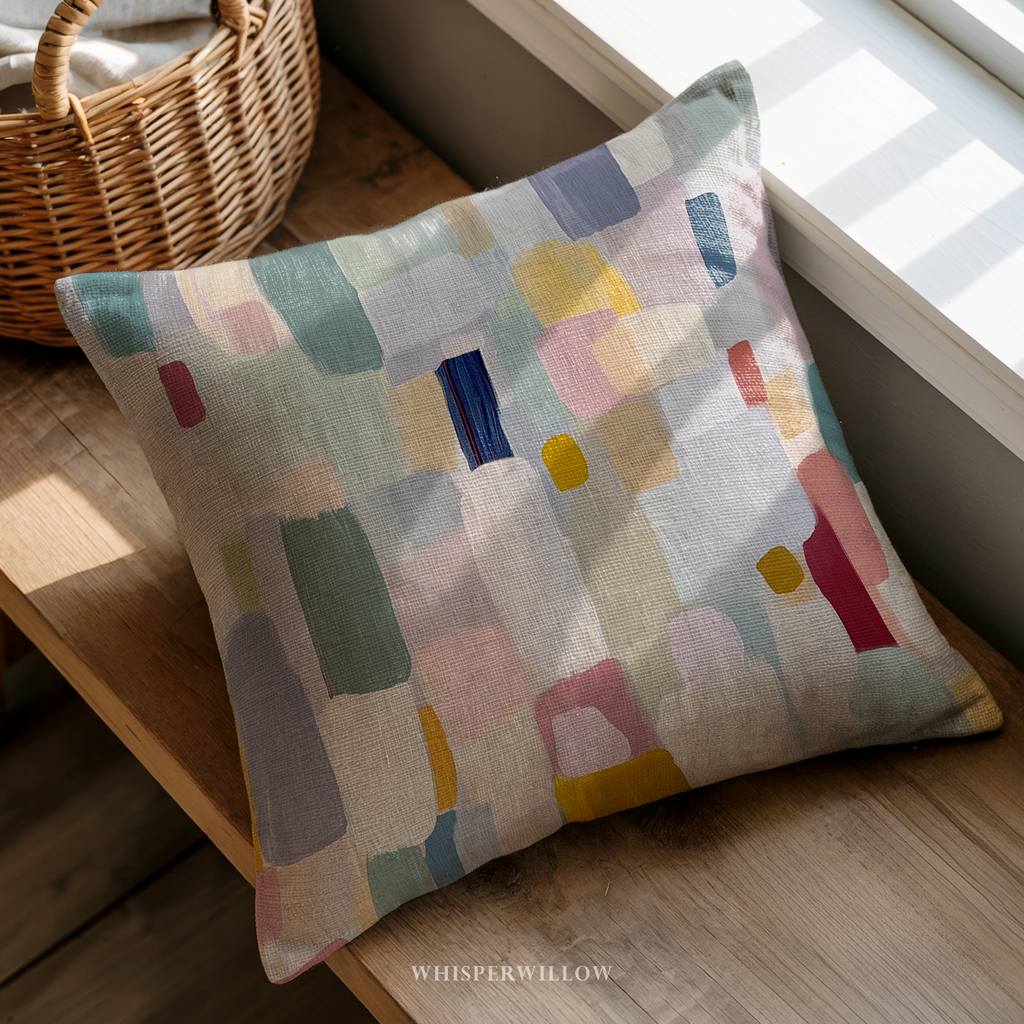 Colorful abstract patterned pillow on a wooden surface with a basket in the background.