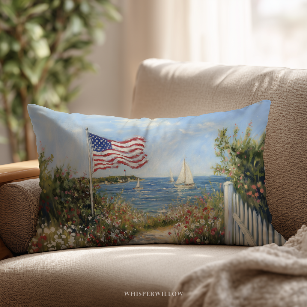 Patriotic American Flag Throw Pillow, Seaside Sailboat Wildflower Design, Independence Day Cushion, 4th of July Home Decor Gift