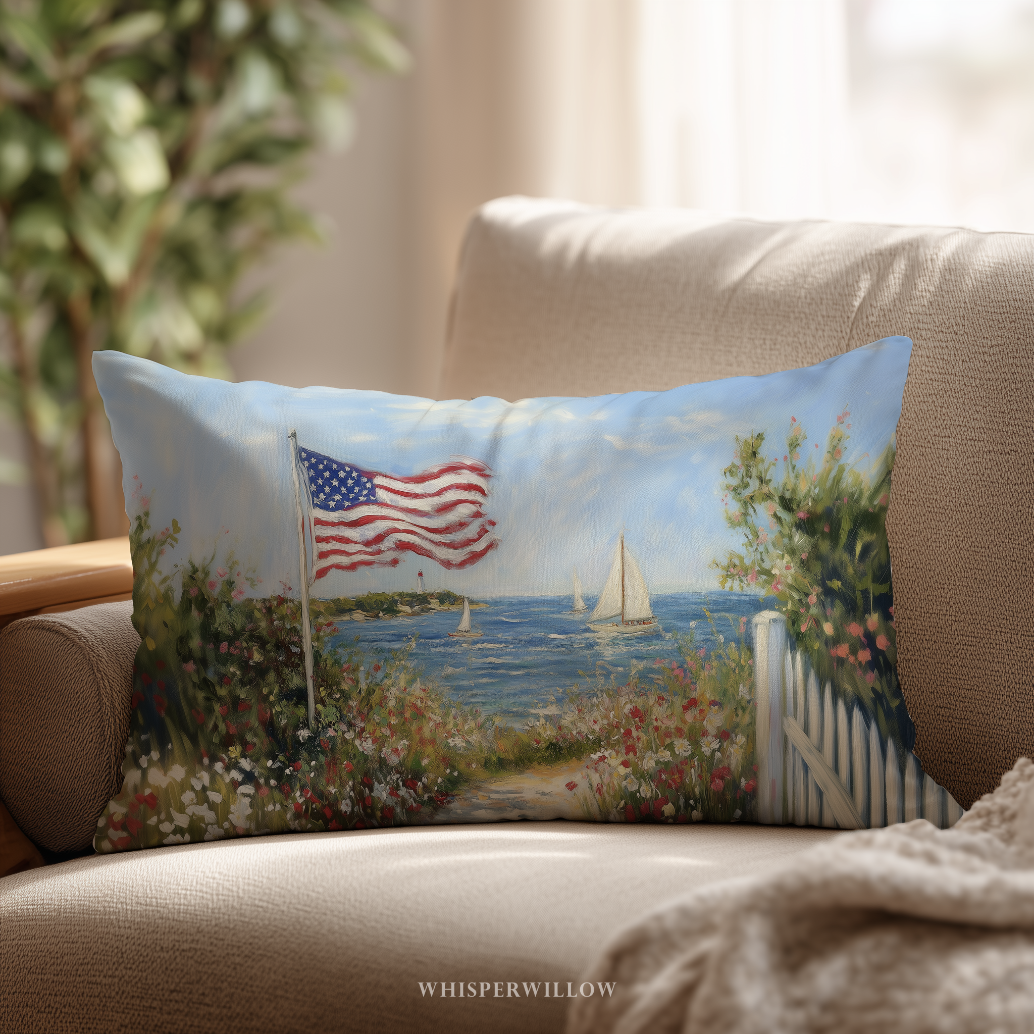 Patriotic American Flag Throw Pillow, Seaside Sailboat Wildflower Design, Independence Day Cushion, 4th of July Home Decor Gift