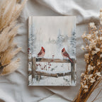 Winterkardinale Hardcover-Notizbuch – Verschneite Zaunmotive, Weihnachtsmotiv, Geschenkidee mit roten Vögeln