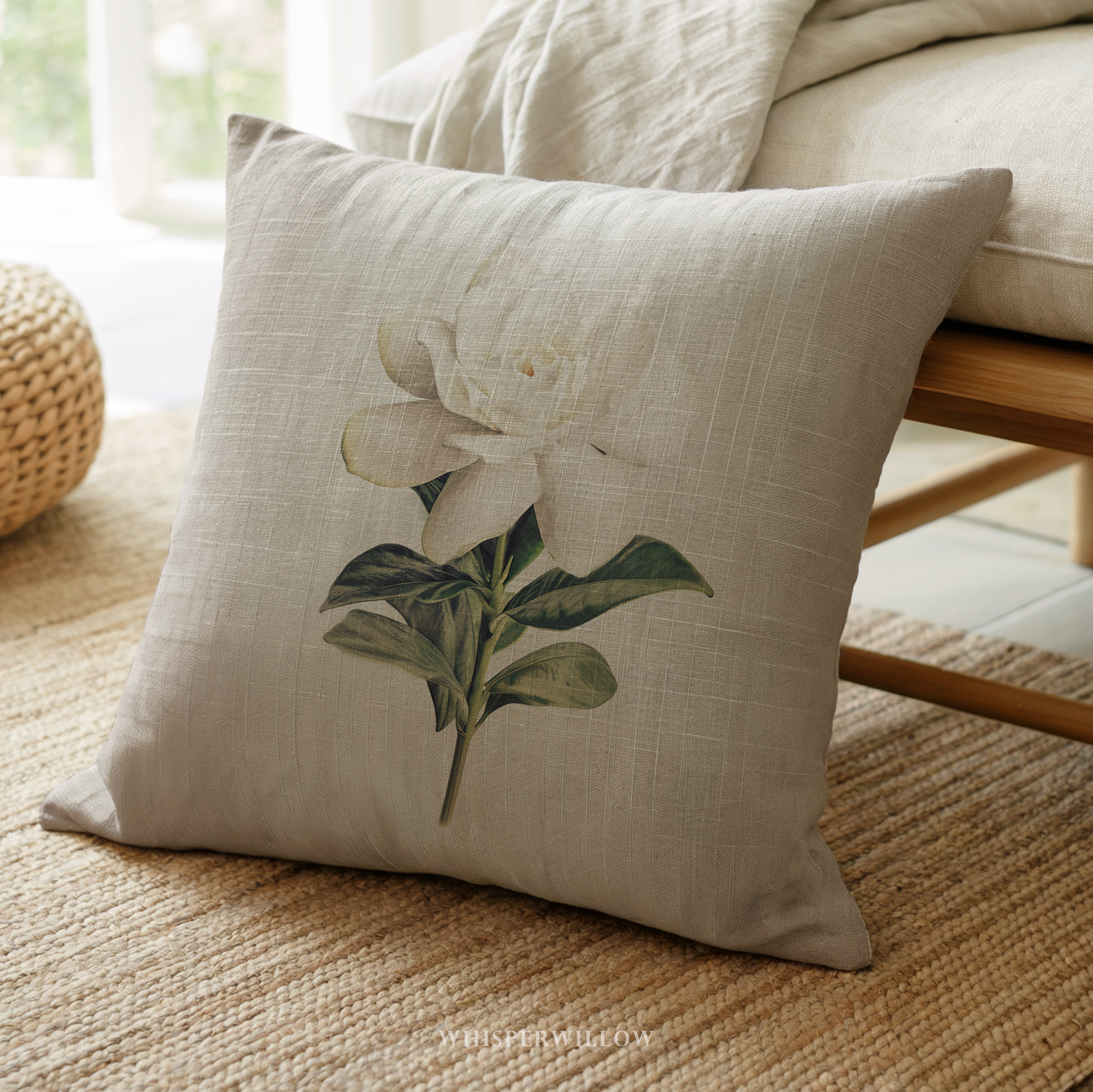 Coussin décoratif blanc gardénia | Motif floral élégant | Coussin décoratif minimaliste à motif botanique